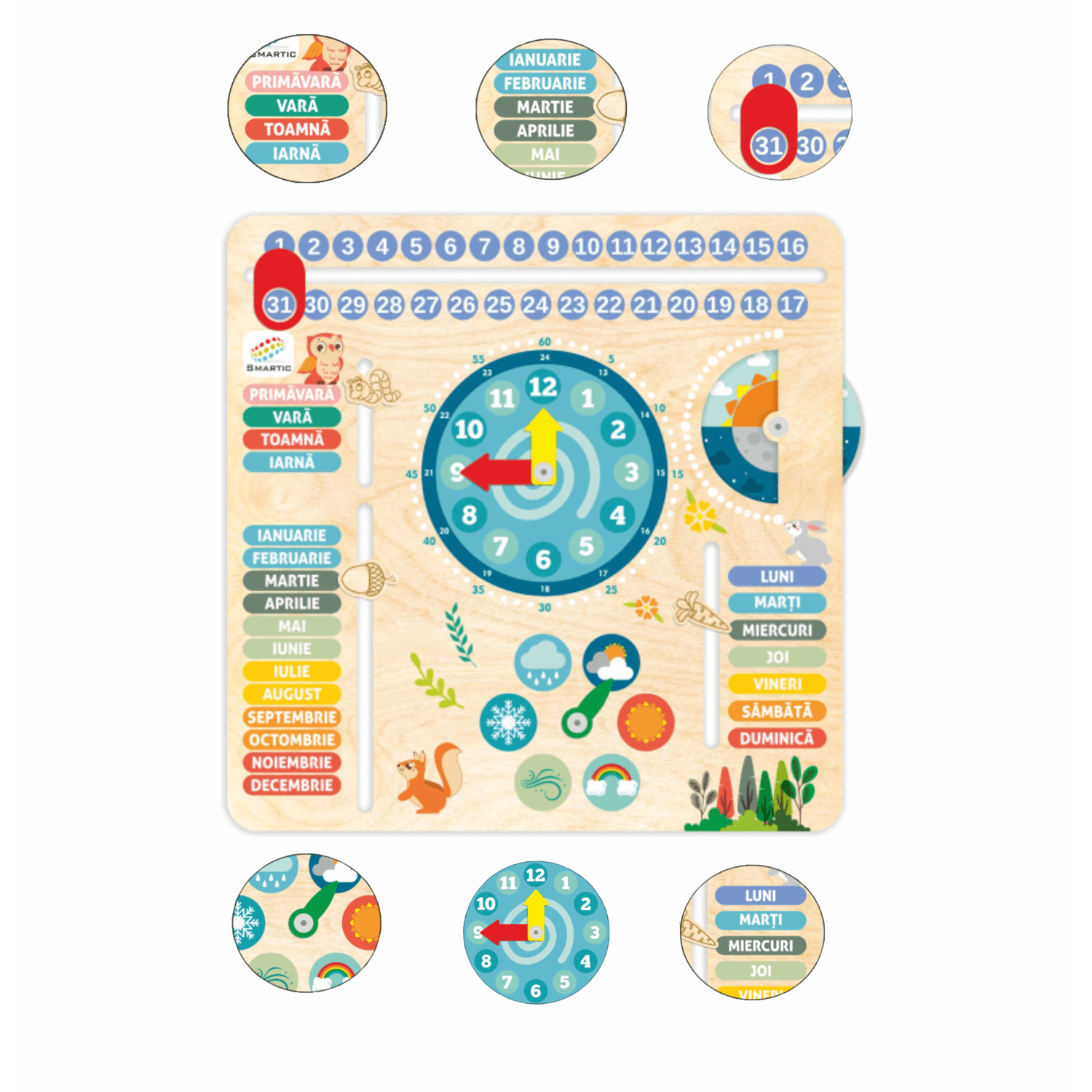 Tablita din lemn &ldquo;Calendarul naturii&rdquo;, 6 activitati, Design Bufnita, Limba Romana, 30x30 cm, Smartic&reg;, multicolor fotografia produsului View 4 L