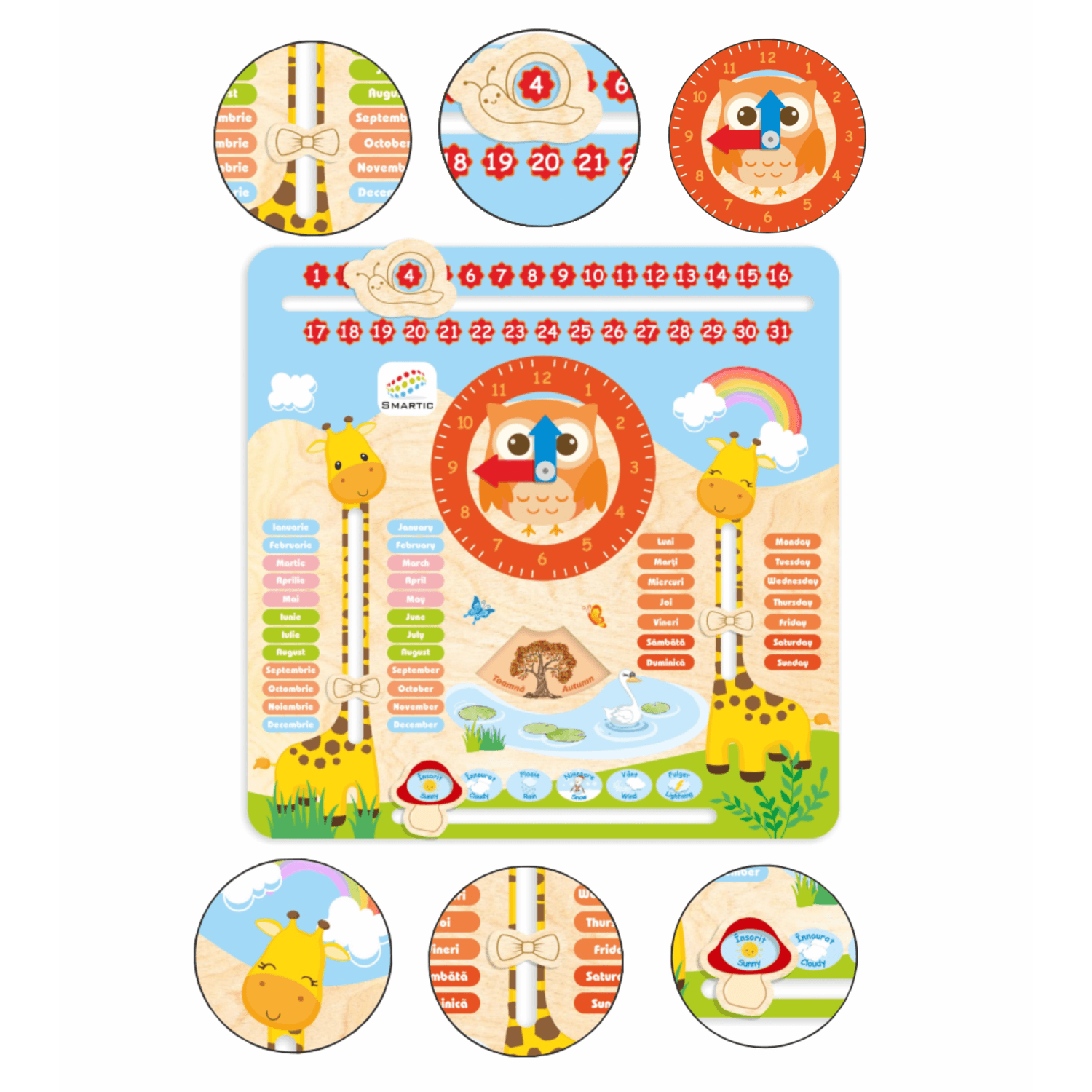 Tablita din lemn &ldquo;Calendarul naturii&rdquo;, 5 activitati, Design Girafa, Limba Romana si Engleza, 30x30 cm, Smartic&reg;, multicolor fotografia produsului View 3 L