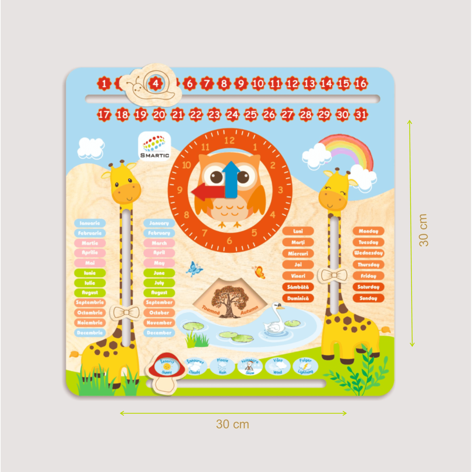 Tablita din lemn &ldquo;Calendarul naturii&rdquo;, 5 activitati, Design Girafa, Limba Romana si Engleza, 30x30 cm, Smartic&reg;, multicolor fotografia produsului View 4 L