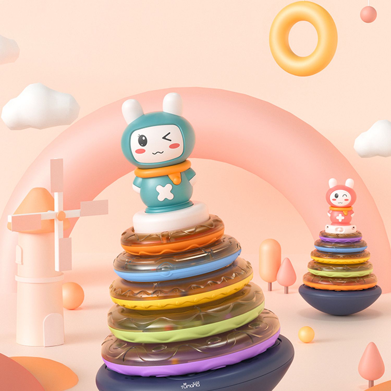 Jucarie muzicala interactiva zornaitoare 3 in 1, tip piramida, 5 cercuri multicolore, design Iepuras, Tumama&reg;, multicolor fotografia produsului View 5 L