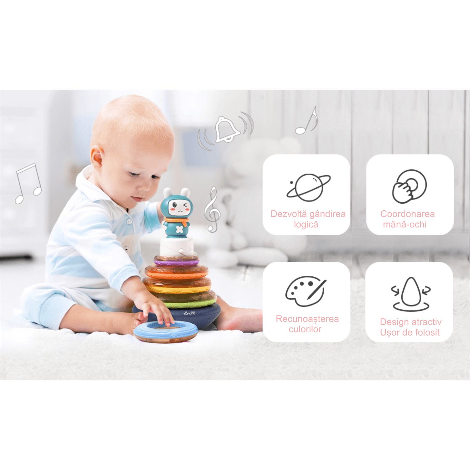 Jucarie muzicala interactiva zornaitoare 3 in 1, tip piramida, 5 cercuri multicolore, design Iepuras, Tumama&reg;, multicolor fotografia produsului View 2 L