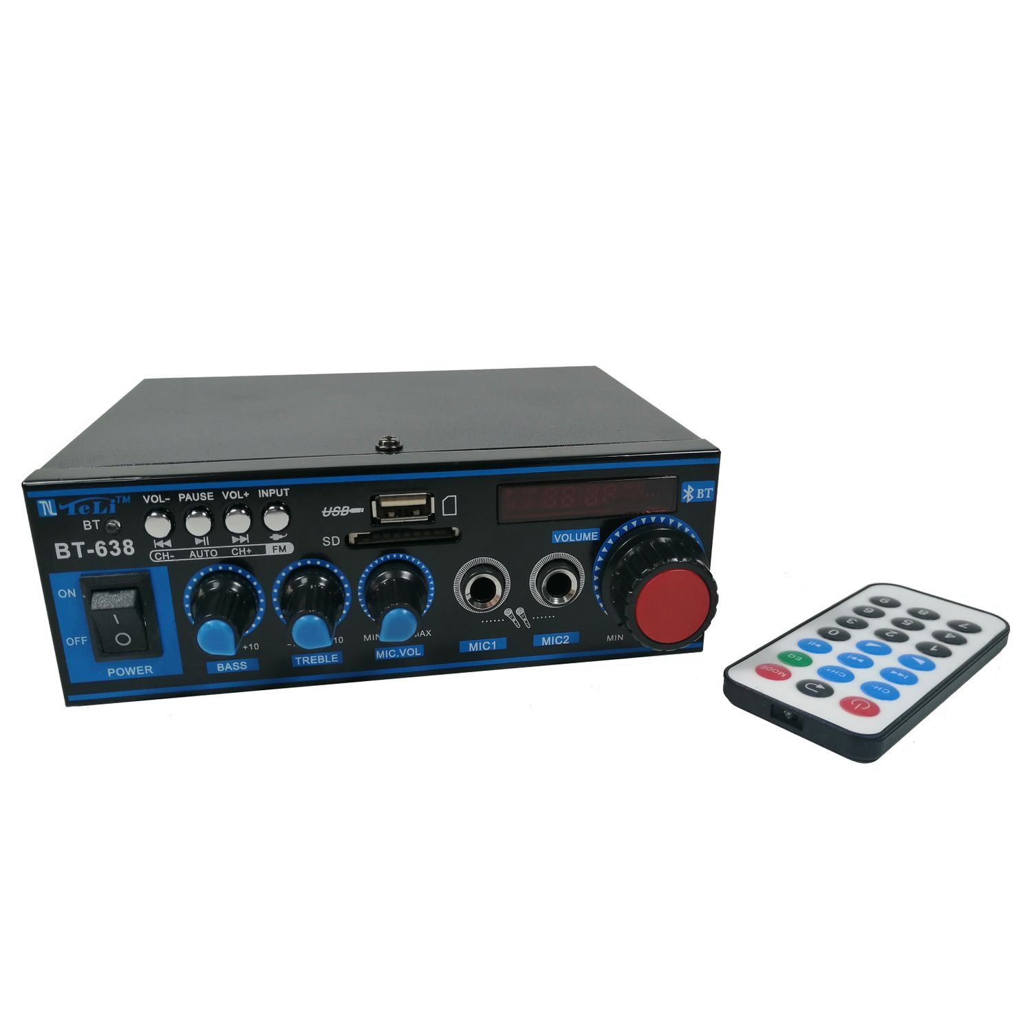 Amplificator bluetooth digital, tip Statie, 2 x 30 W, intrari USB-SD, doua intrari microfon fotografia produsului