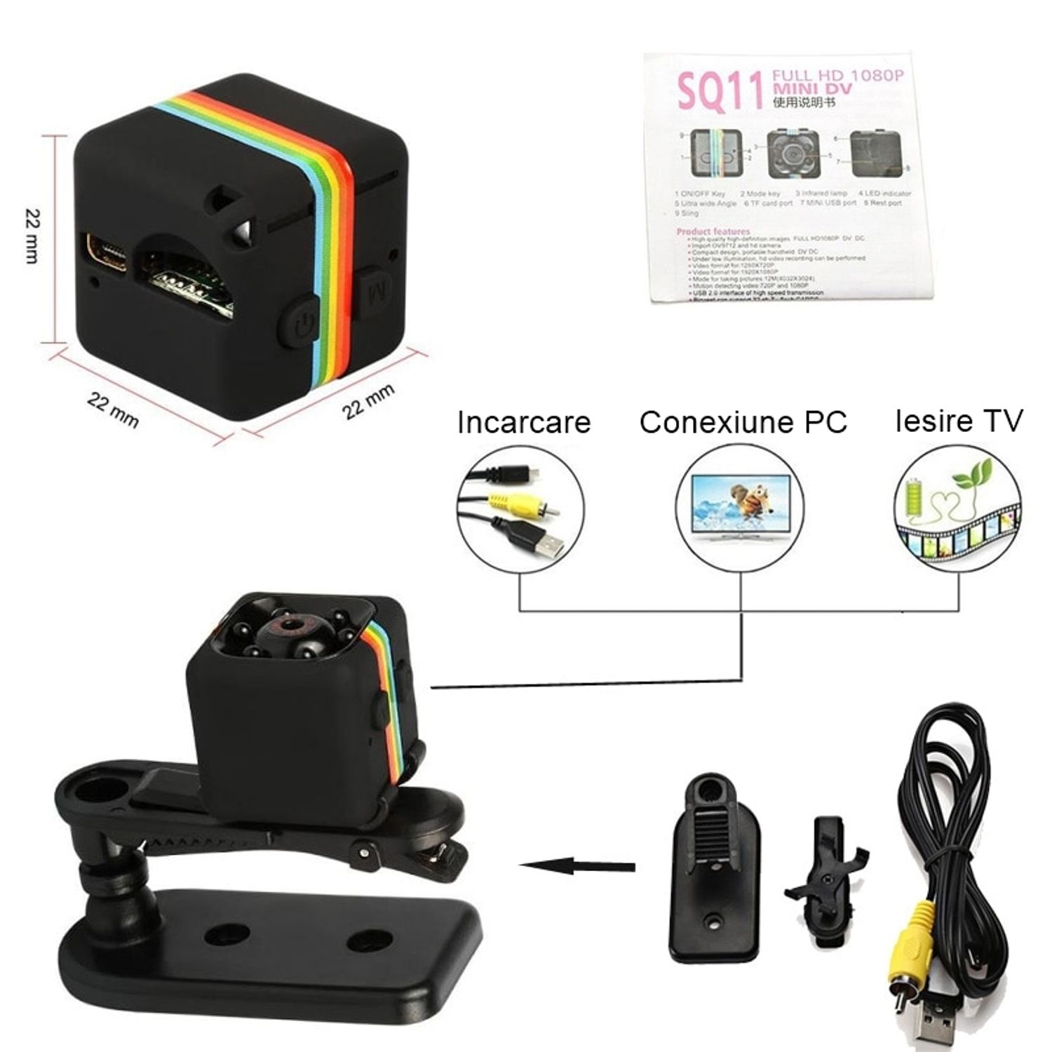 Mini-camera de supraveghere IdeallStore&reg;, Tiny Surveillance, Full HD, 30 fps, negru fotografia produsului View 12 L
