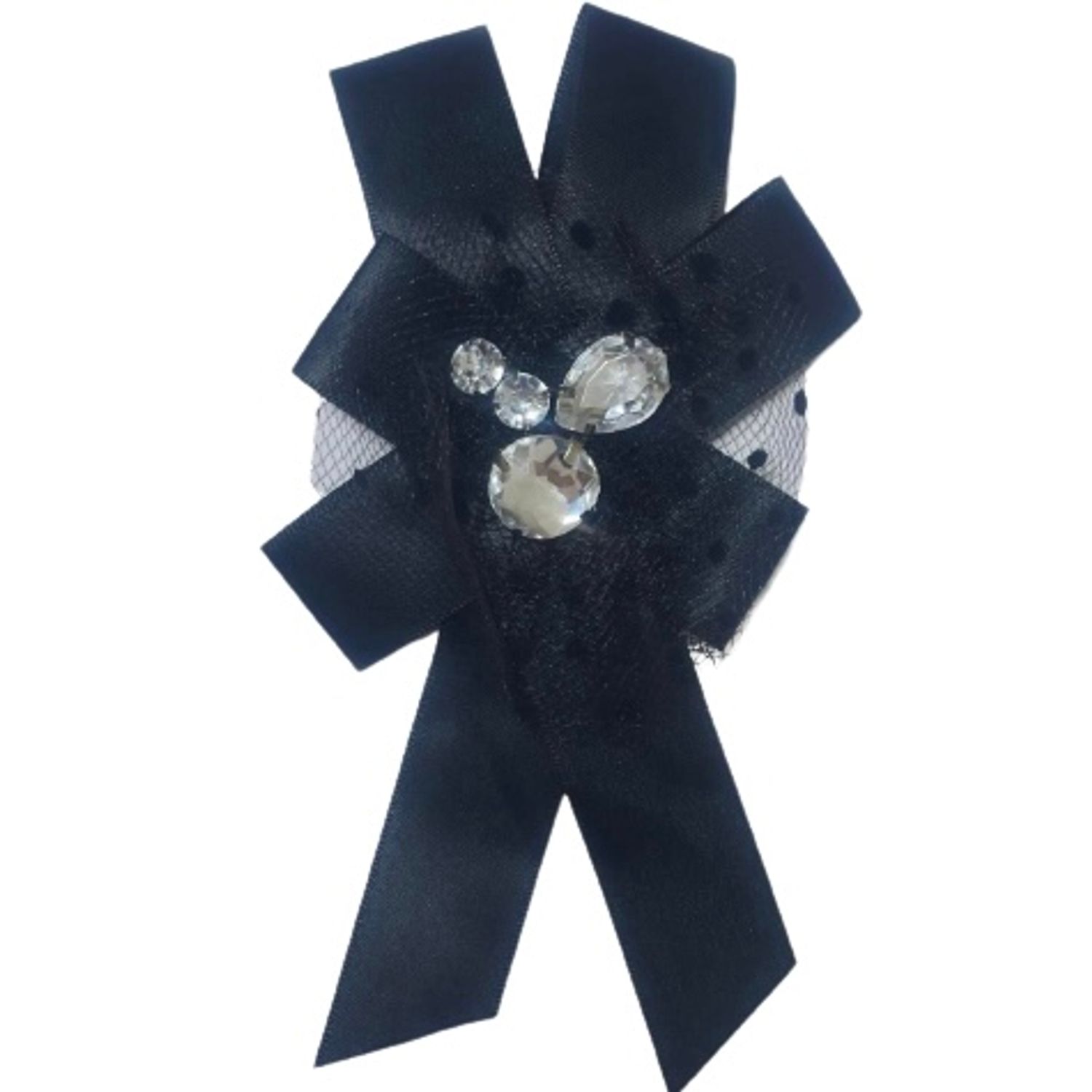 Brosa tip jabou, Handmade, Statement, 2 in 1, Clips par, Cu dantela plasa si cristale, Textil, Metal, 17x10 cm, Negru fotografia produsului View 3 L