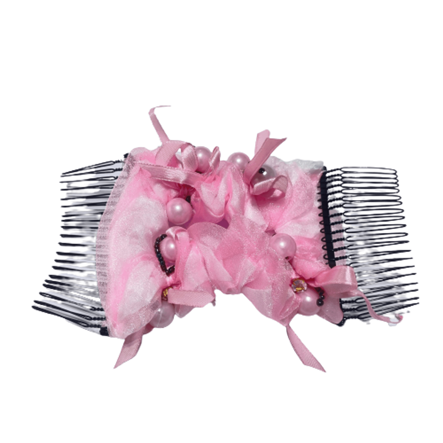 Clama de par cu 2 piepteni, Cu perle, margele si cristale, Textil, Metal, 15x8 cm, Roz fotografia produsului View 5 L