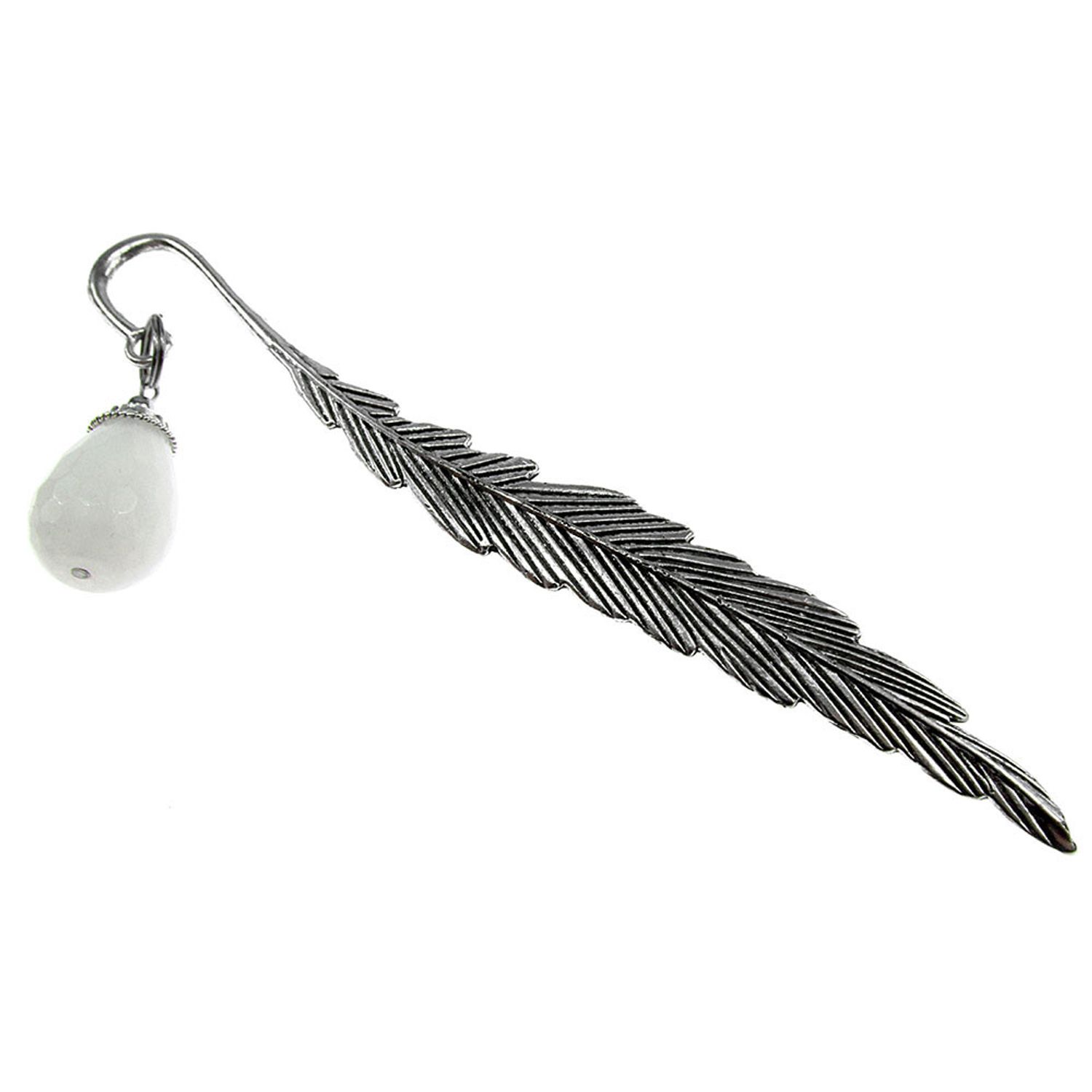 Semn de carte metalic pana cu jad alb fotografia produsului