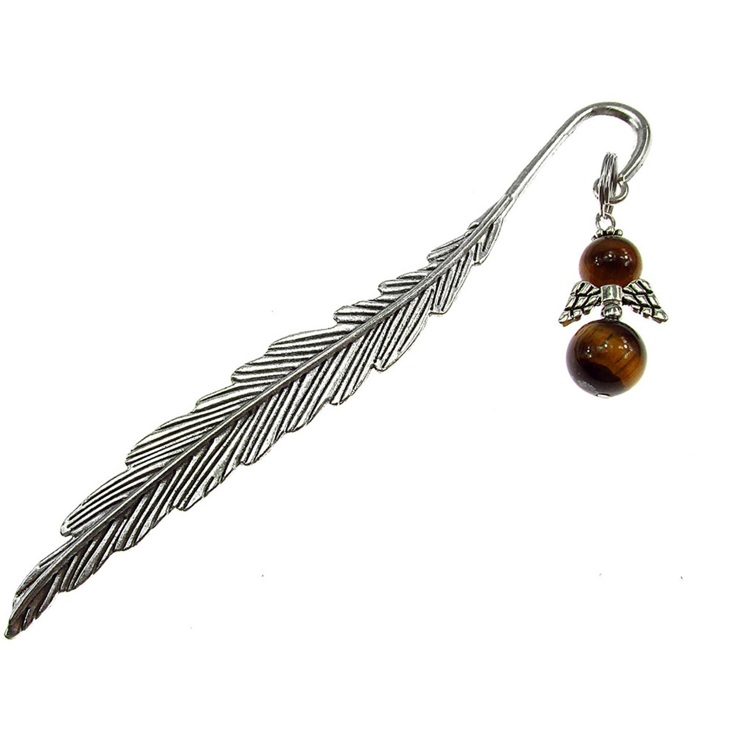 Semn de carte metalic pana cu ingeras ochi de tigru natural fotografia produsului