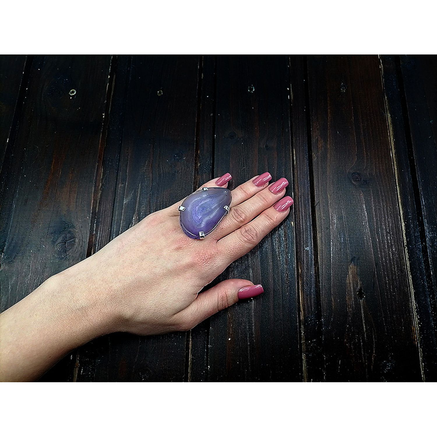 Inel reglabil statement masiv cu agata violet naturala 7A fotografia produsului View 5 L