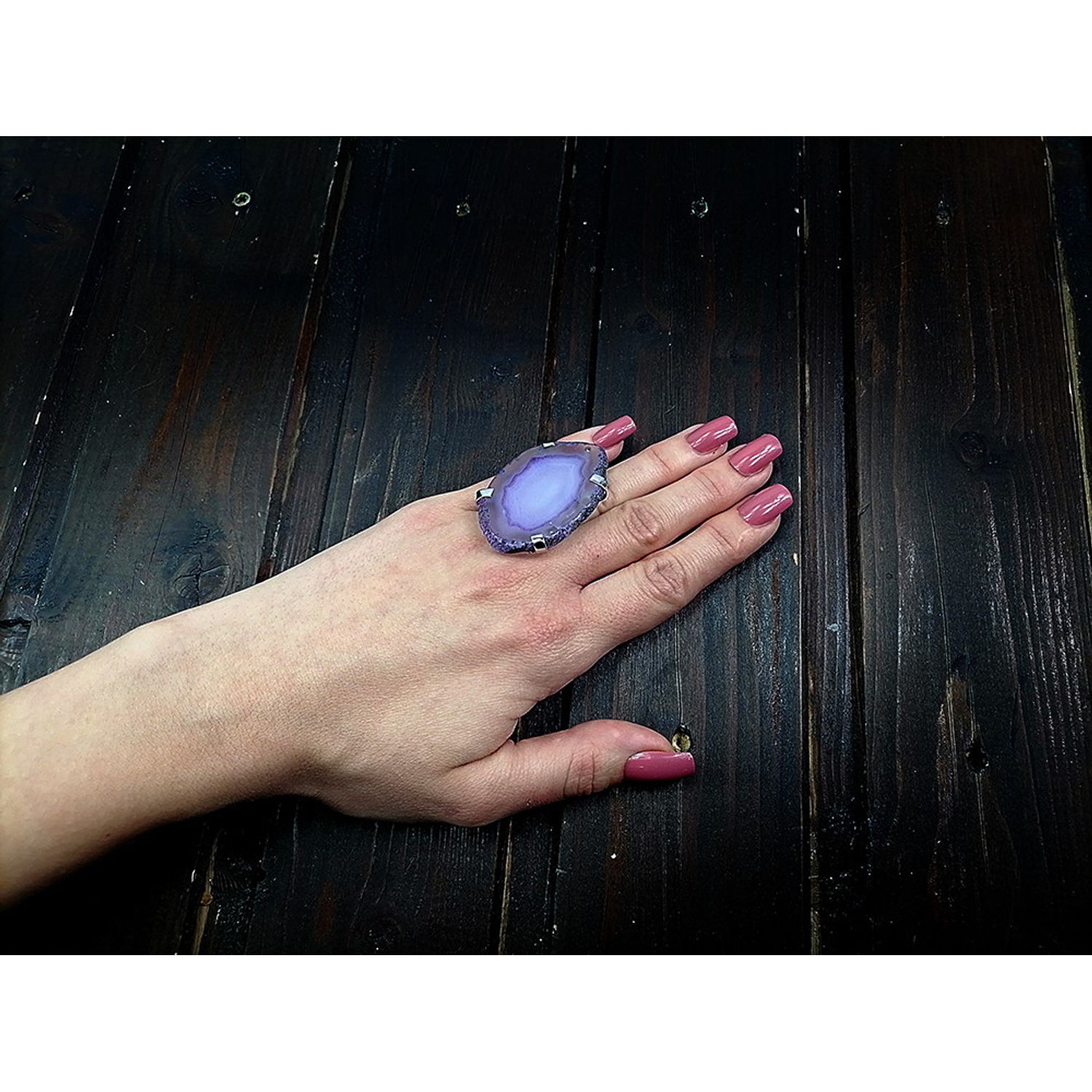 Inel reglabil statement masiv cu agata violet naturala 8A fotografia produsului View 5 L