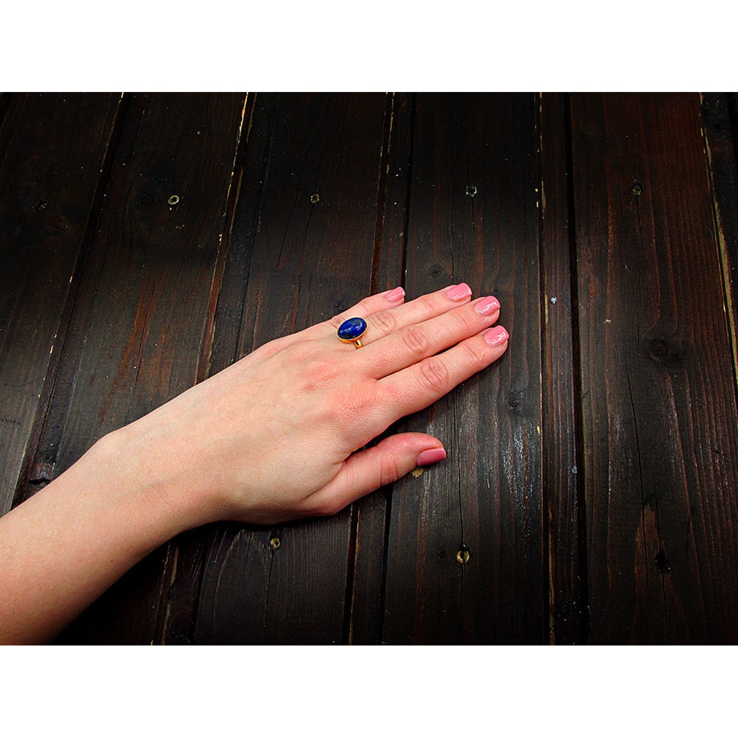 Inel argint reglabil placat cu aur cu lapis lazuli 14x10 MM fotografia produsului View 5 L