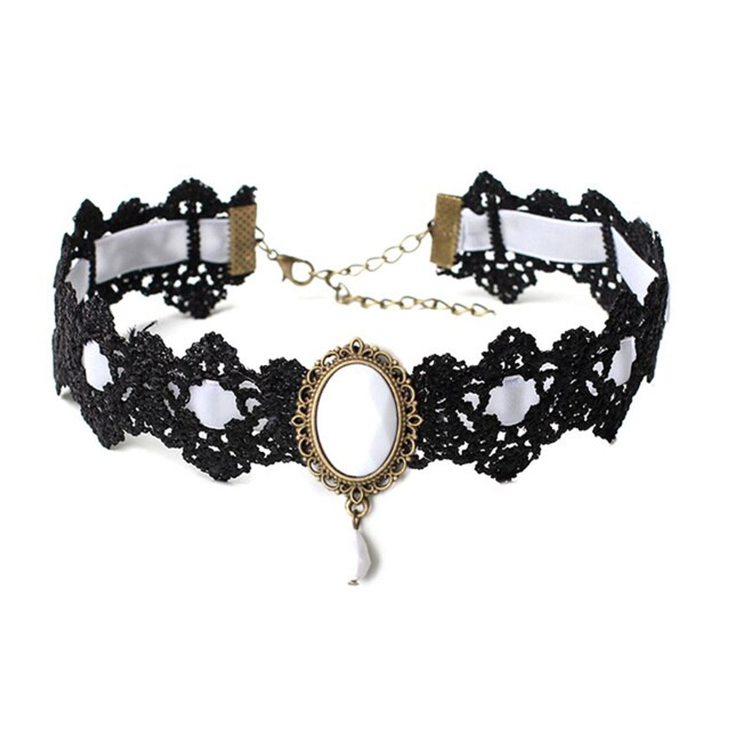 Colier Choker Gothic din dantela neagra transparenta, snur Alb fotografia produsului