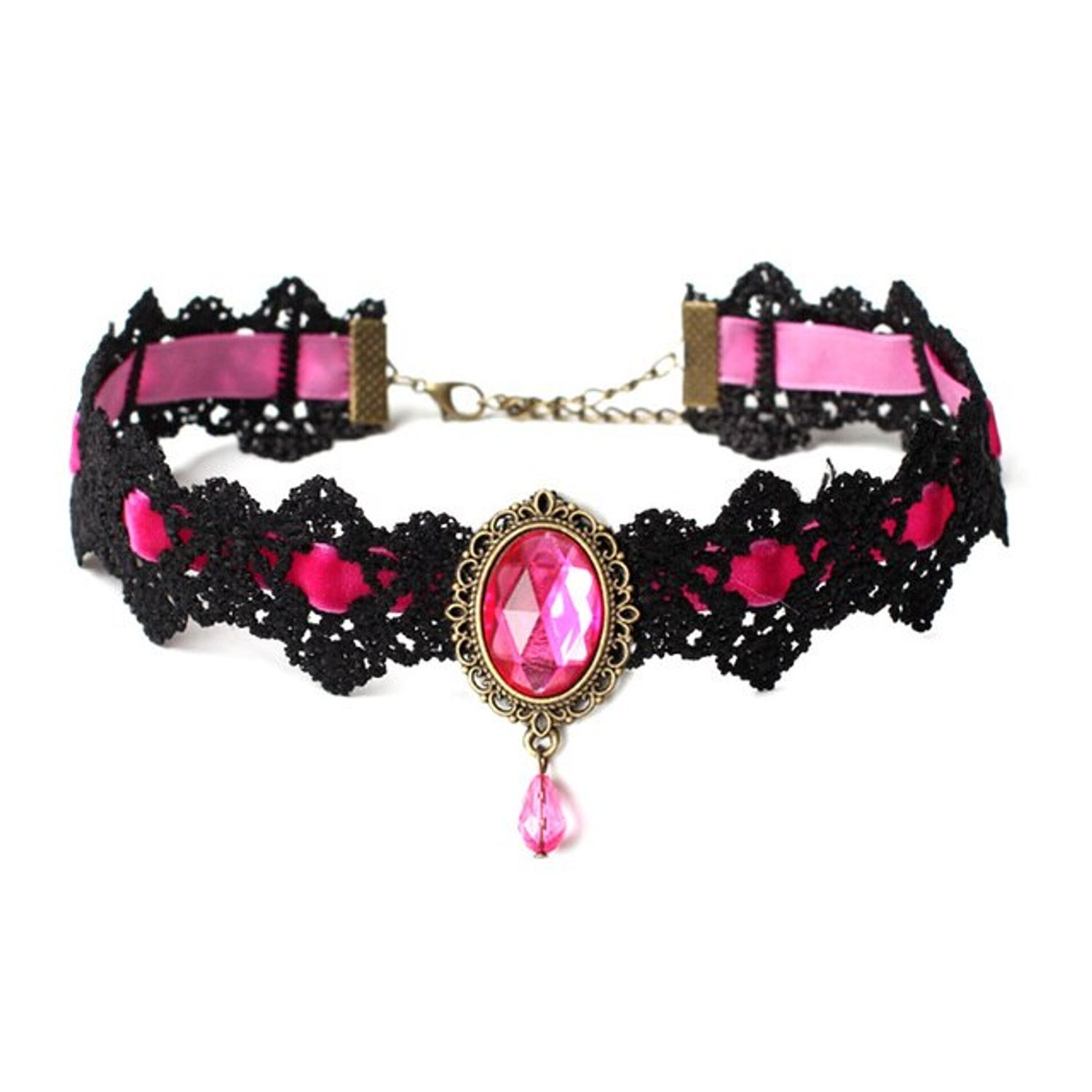 Colier Choker Gothic din dantela neagra transparenta, snur Roz fotografia produsului