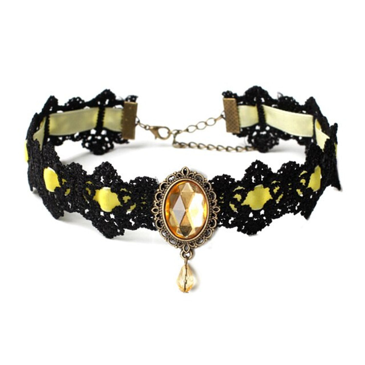 Colier Choker Gothic din dantela neagra transparenta, snur Galben fotografia produsului