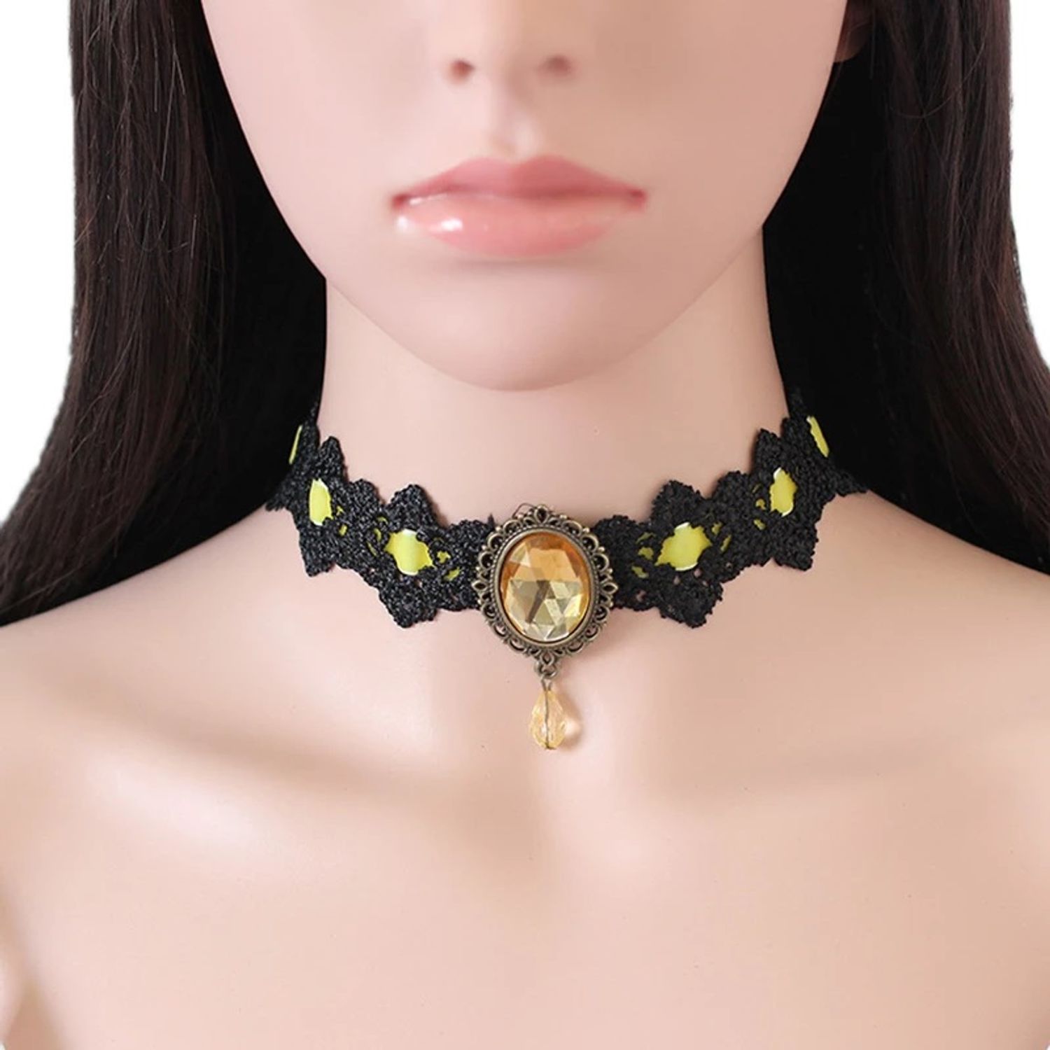 Colier Choker Gothic din dantela neagra transparenta, snur Galben fotografia produsului View 2 L