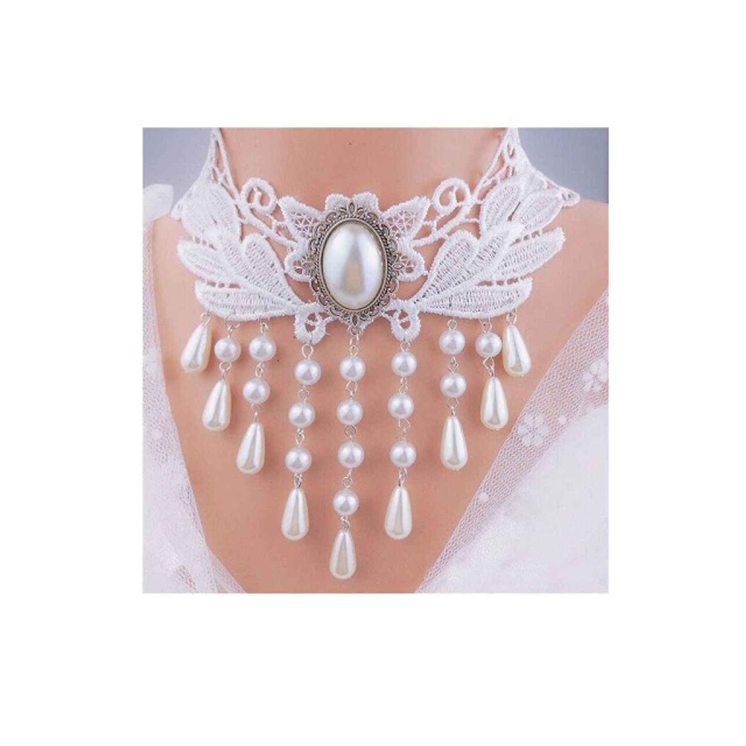 Colier Choker din dantela neagra Gothic A6, Alb fotografia produsului