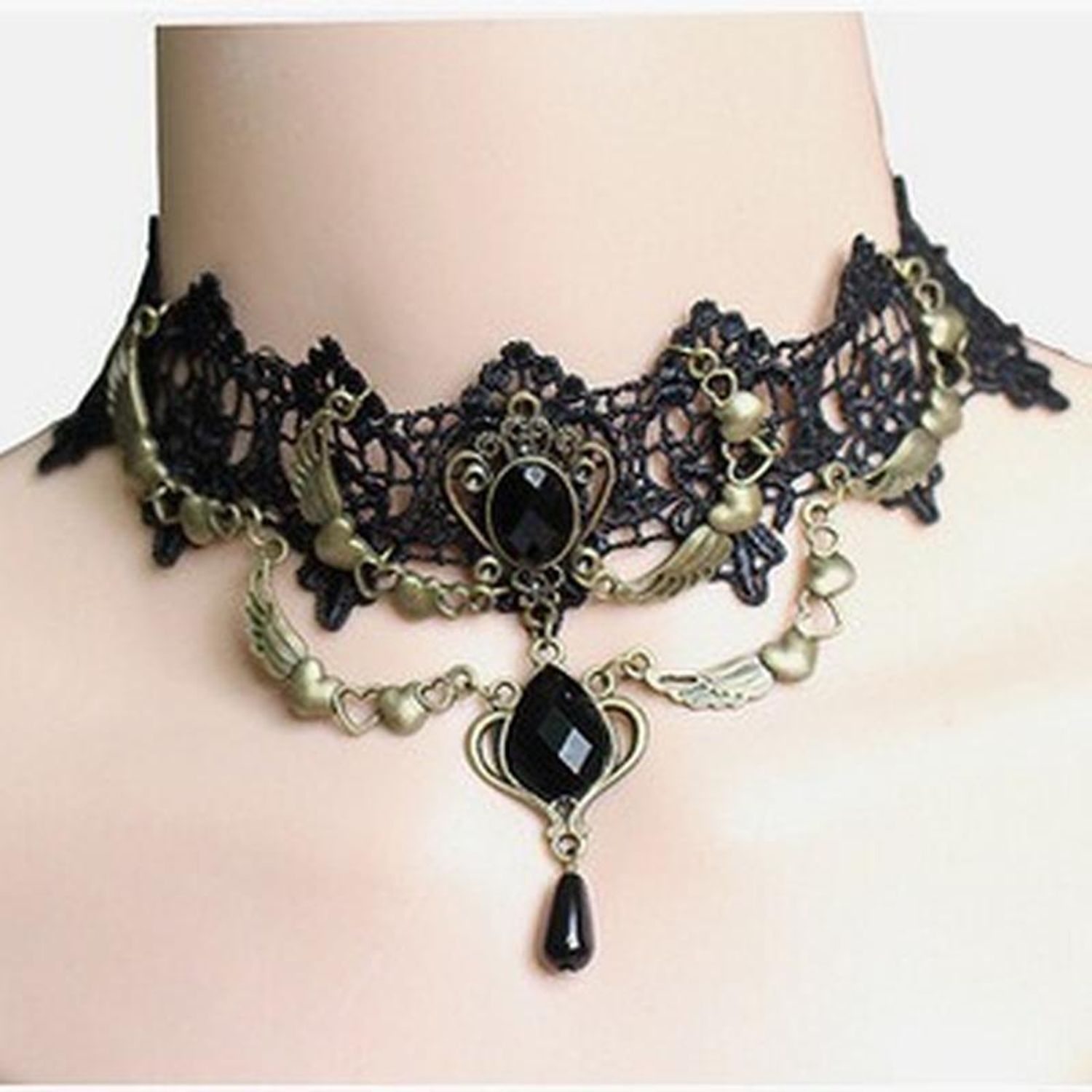 Colier Choker din dantela neagra Gothic A5, Negru fotografia produsului