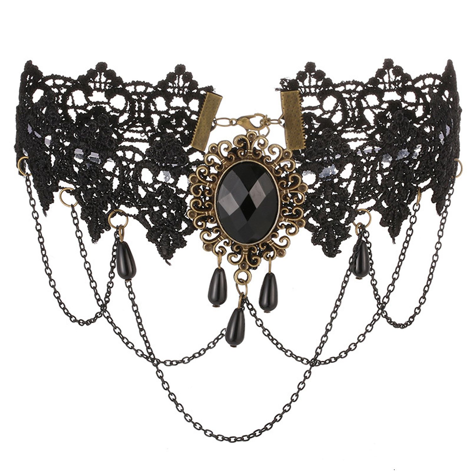 Colier Choker din dantela neagra Gothic A2, Negru fotografia produsului View 3 L