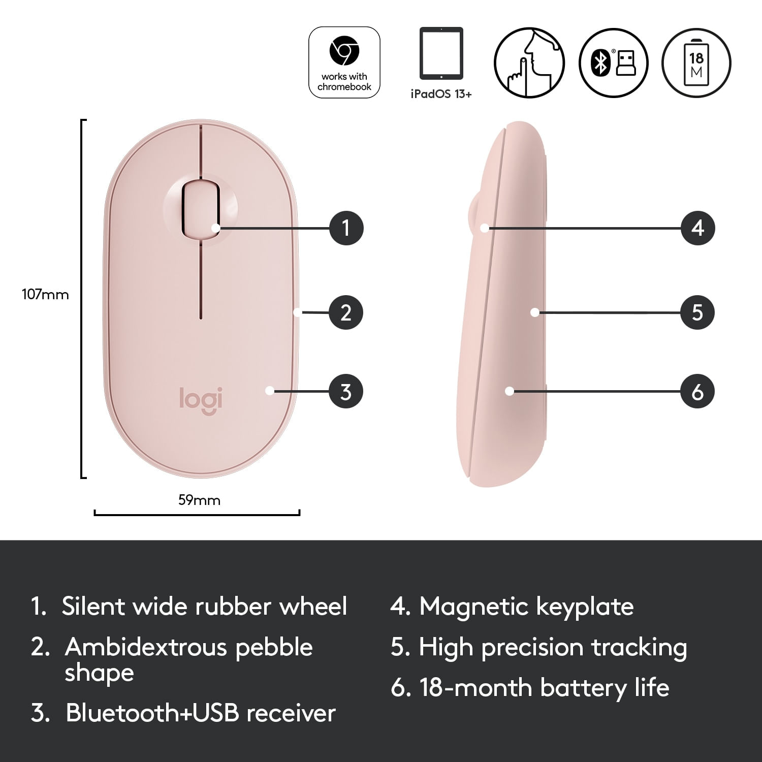 Mouse wireless Logitech Pebble M350, Roz Mouse Wireless Logitech Pebble M350, 1000 DPI, Bluetooth/USB (Roz) fotografia produsului View 6 L