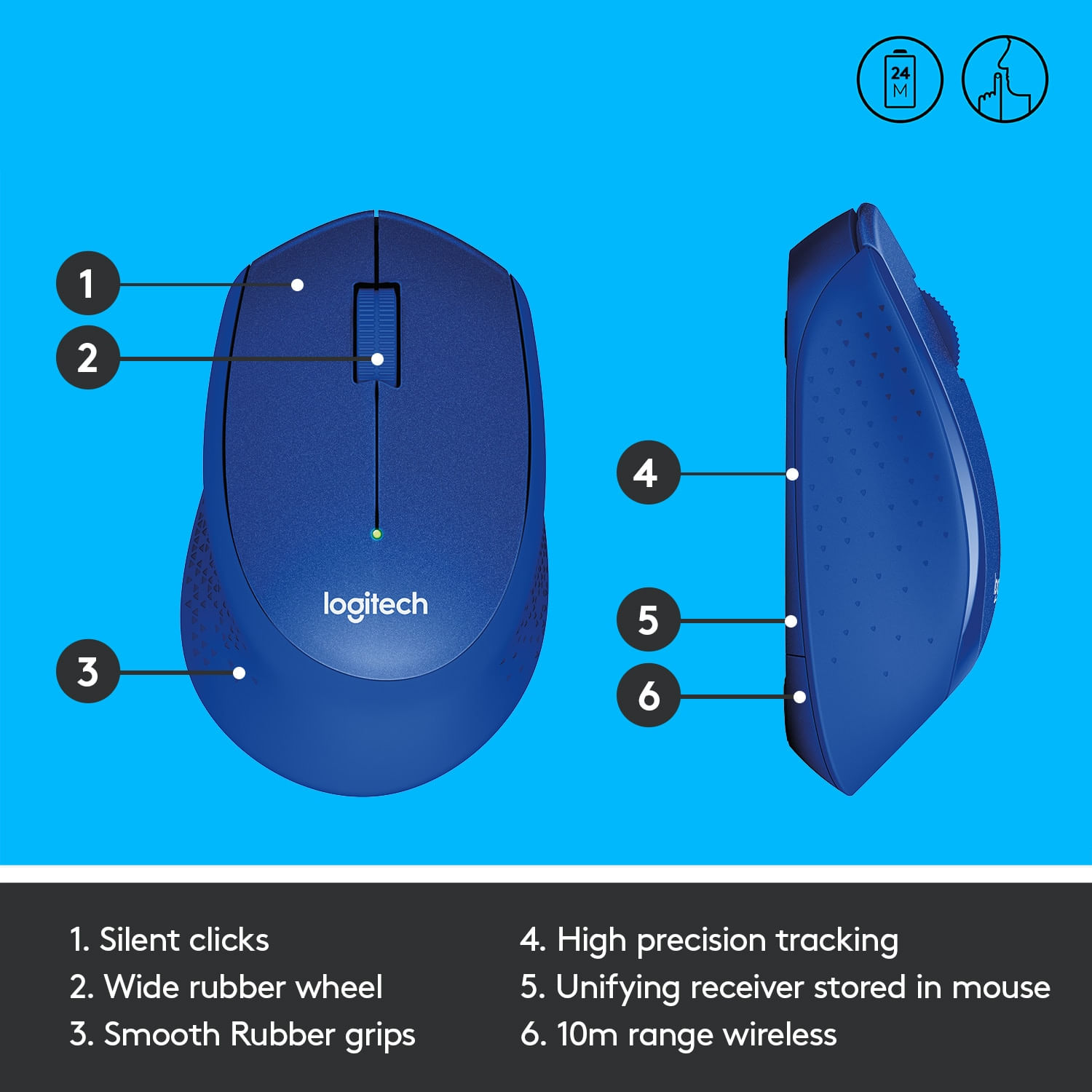 Mouse Logitech M330 Silent Plus, Wireless, Blue Mouse Logitech Optic Wireless M330 Silent Plus (Albastru) fotografia produsului View 8 L