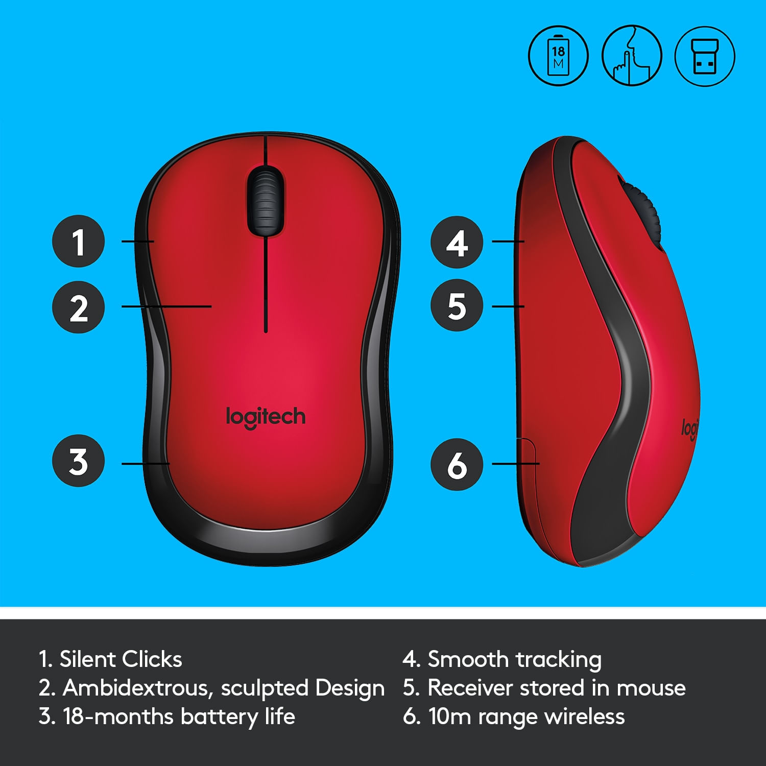 Mouse Logitech M220 Silent, Wireless, Red Mouse Optic Wireless Logitech  M220 Silent, USB, 1000 DPI (Rosu) fotografia produsului View 7 L