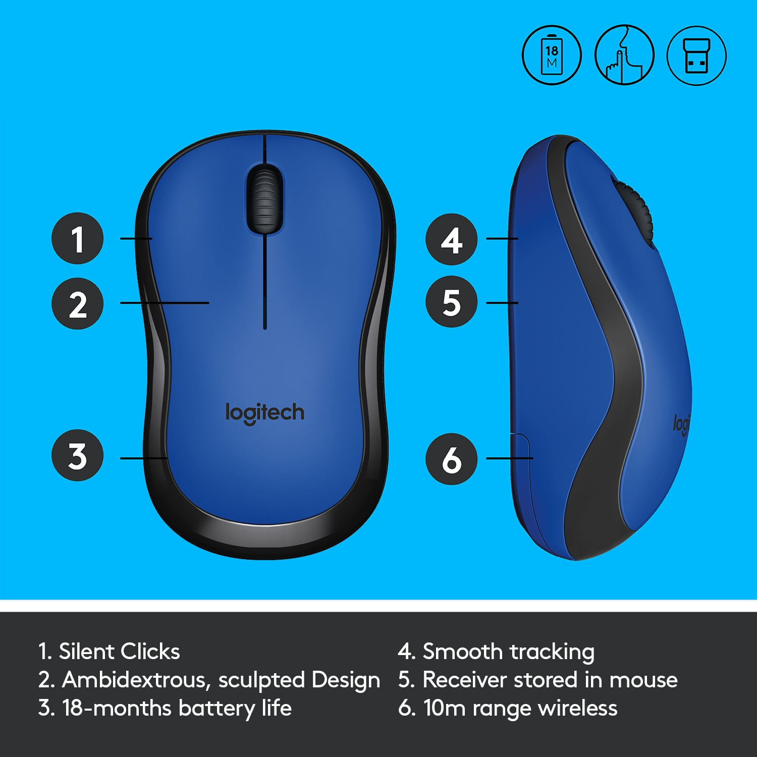 Mouse Logitech M220 Silent, Wireless, Blue Mouse Logitech Optic Wireless M220 Silent (Albastru) fotografia produsului View 7 L