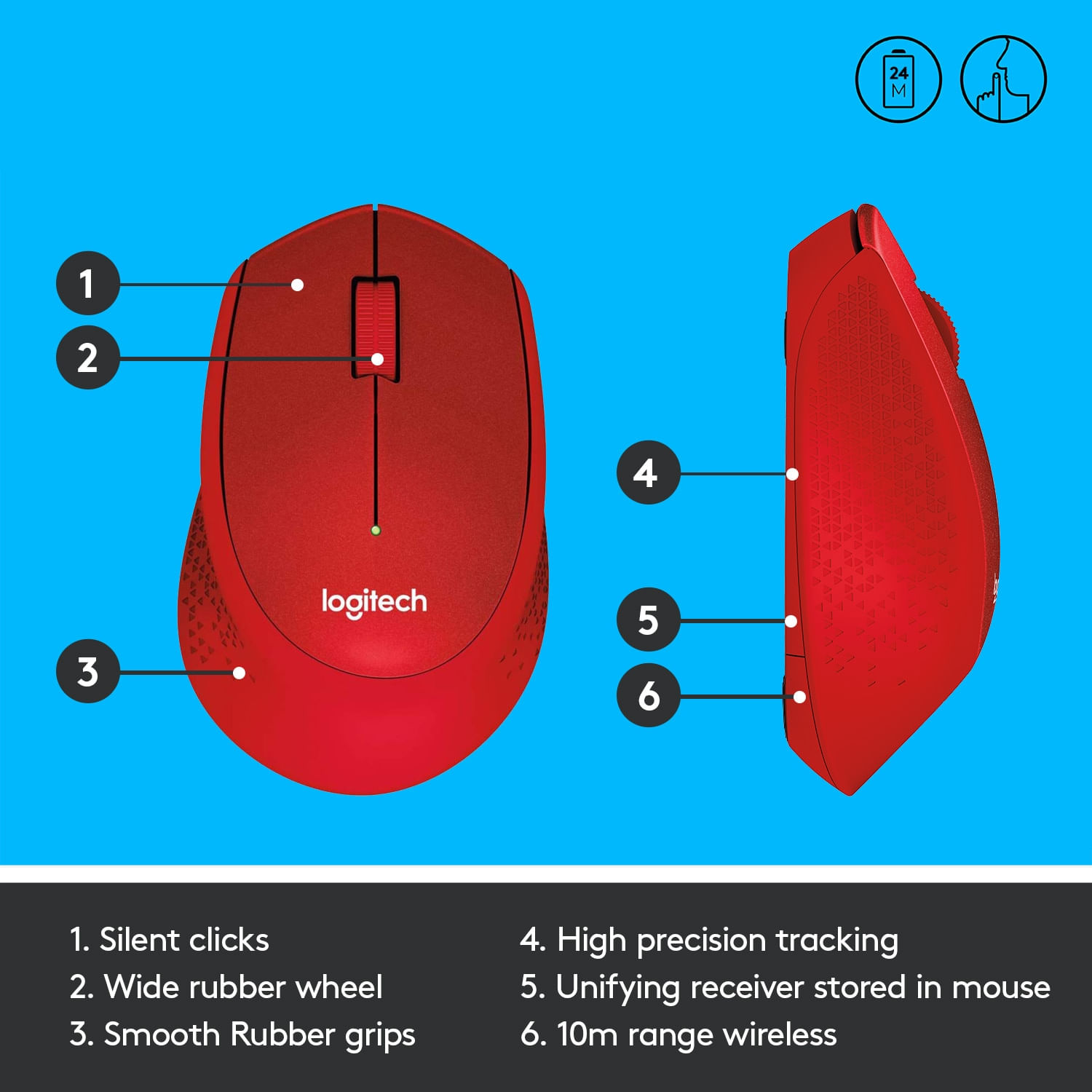 Mouse Logitech M330 Silent Plus, Wireless, Red Mouse Logitech Optic Wireless M330 Silent Plus (Rosu) fotografia produsului View 8 L