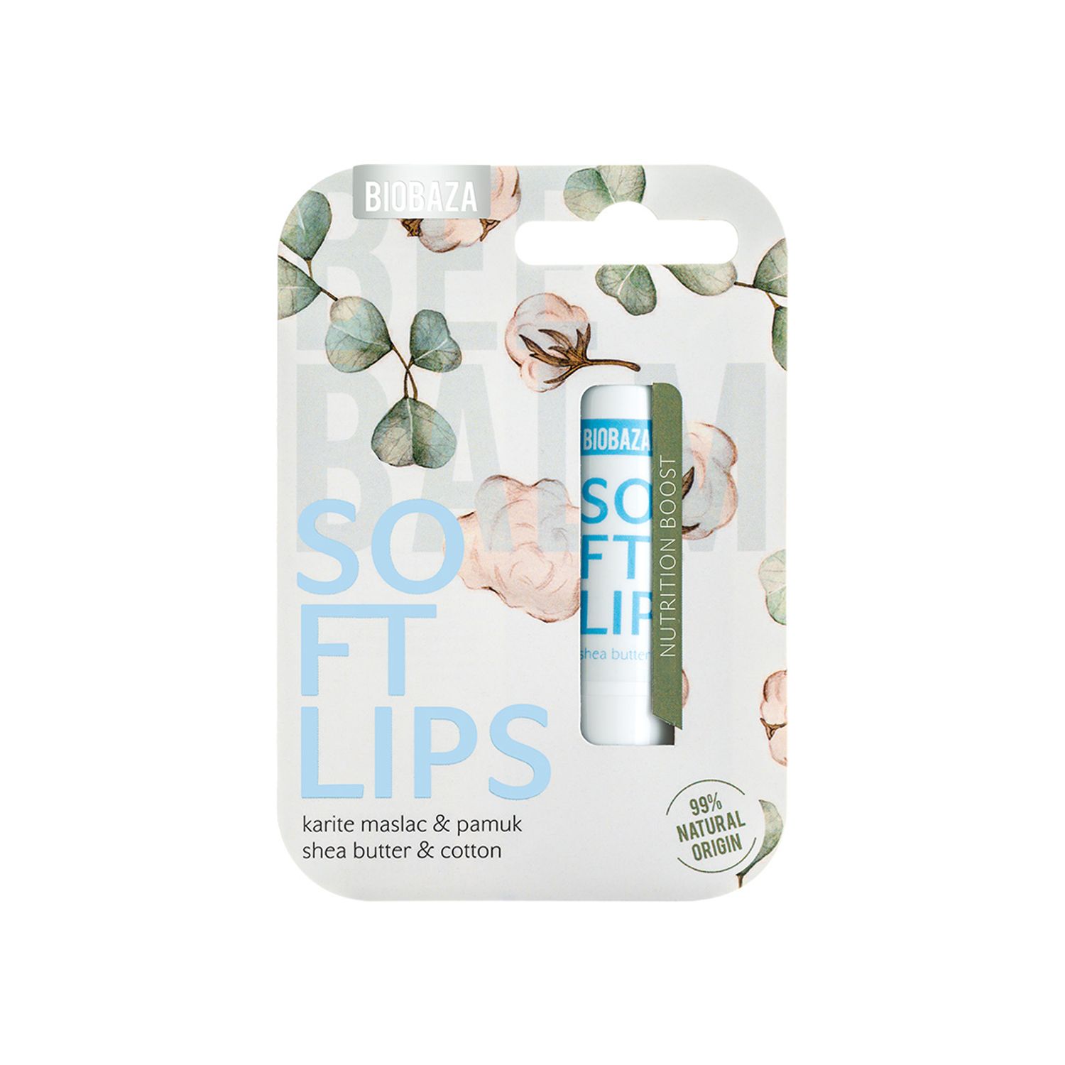 Balsam natural pentru buze, cu unt de shea si bumbac, SOFT LIPS, BIOBAZA, 4,5 g fotografia produsului