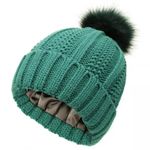 Fes de iarnă cu pompon și interior din satin pentru protecția părului - Verde Smarald fotografia produsului