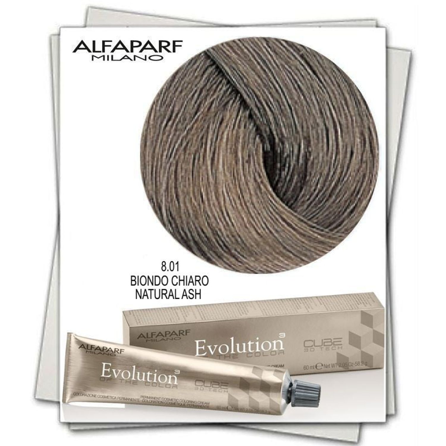 Alfaparf Milano Evolution of the Color Vopsea Permanenta 60 ml, Culoare 8.01 Biondo Chiaro Natural Ash fotografia produsului View 2 L
