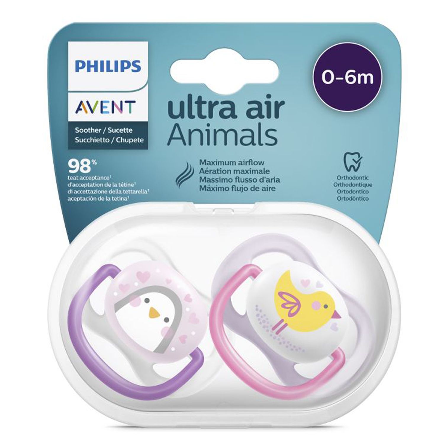 Set 2 suzete ortodontice din silicon Philips Avent Ultra Air Animals SCF080/06MTT, Multicolor fotografia produsului View 2 L