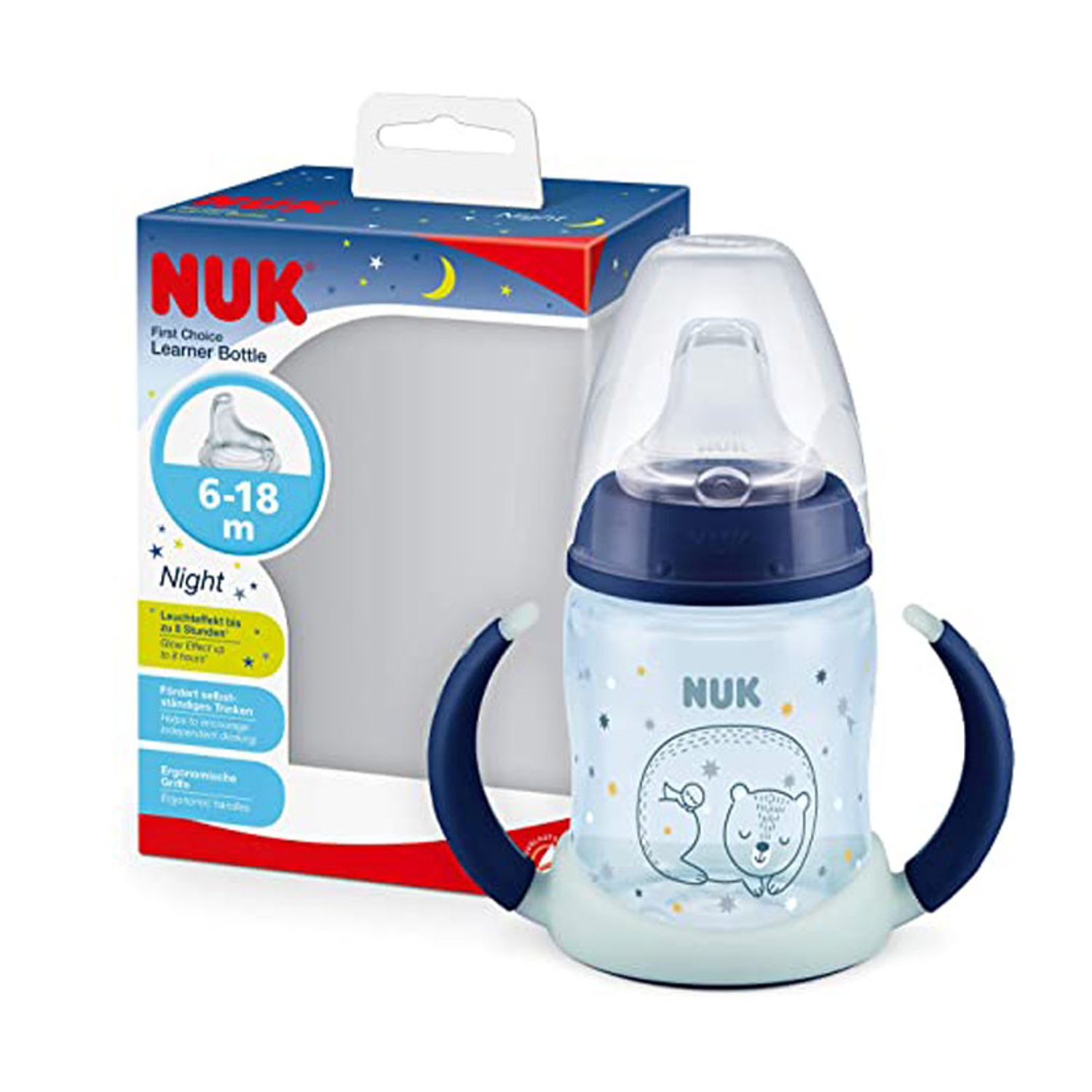Biberon cu cioc si manere 150 ml Nuk First Choice Night 215326, Albastru fotografia produsului View 5 L