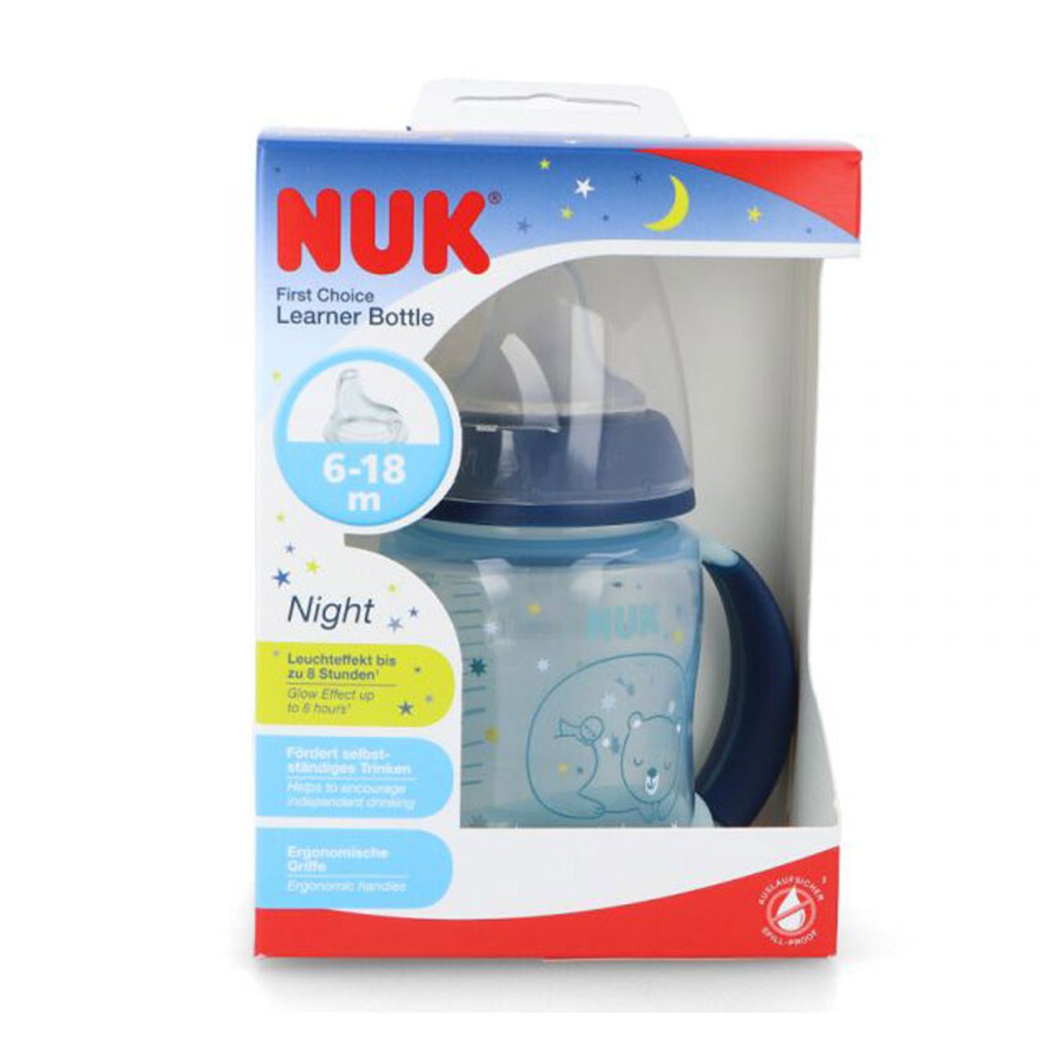 Biberon cu cioc si manere 150 ml Nuk First Choice Night 215326, Albastru fotografia produsului View 2 L