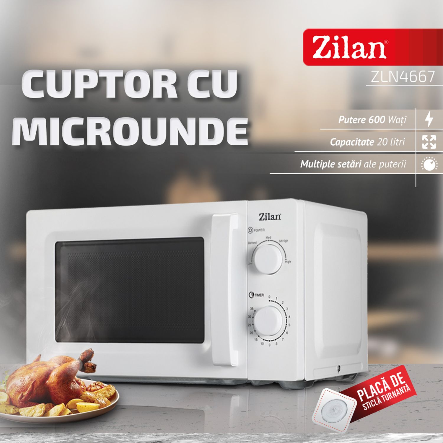 Cuptor cu microunde Zilan ZLN4667 Alb, putere 600 W, 20L, Timer fotografia produsului View 3 L