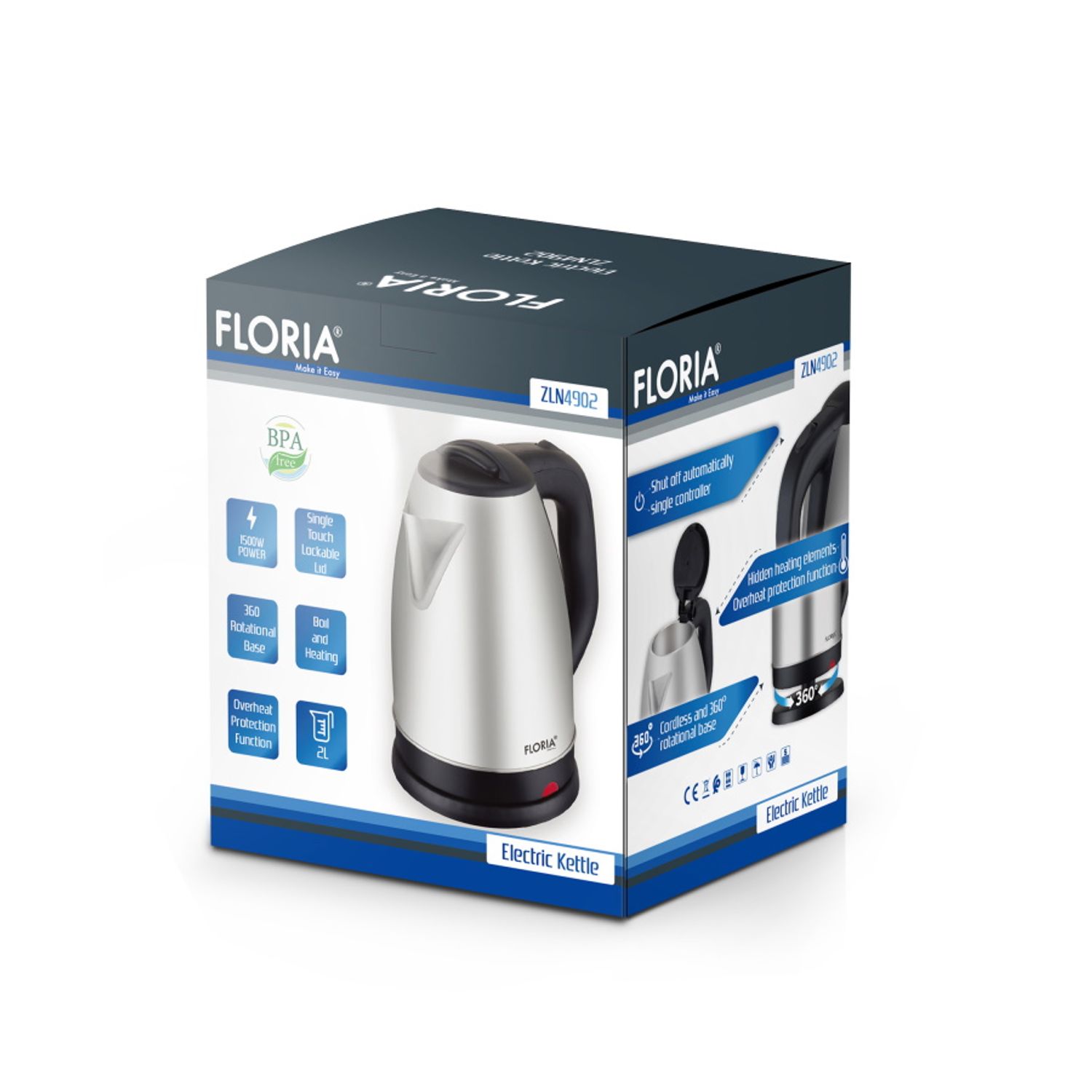 Fierbator electric Floria ZLN4902 Gri, putere 1500W, capacitate 2 L, indicator luminos fotografia produsului View 4 L