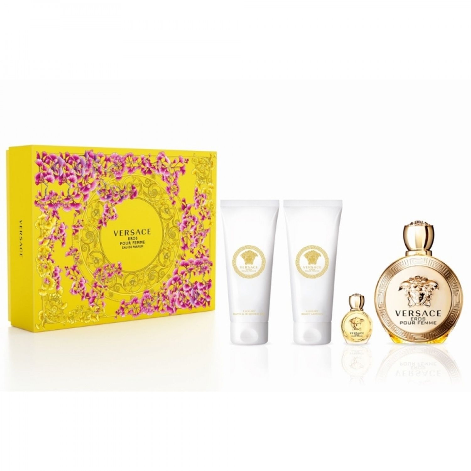 Versace Eros Pour Femme - 100 ml Apa de Parfum + 100 ml Gel de Dus + 100 ml Lotiune de Corp  + 5 ml Apa de Parfum fotografia produsului
