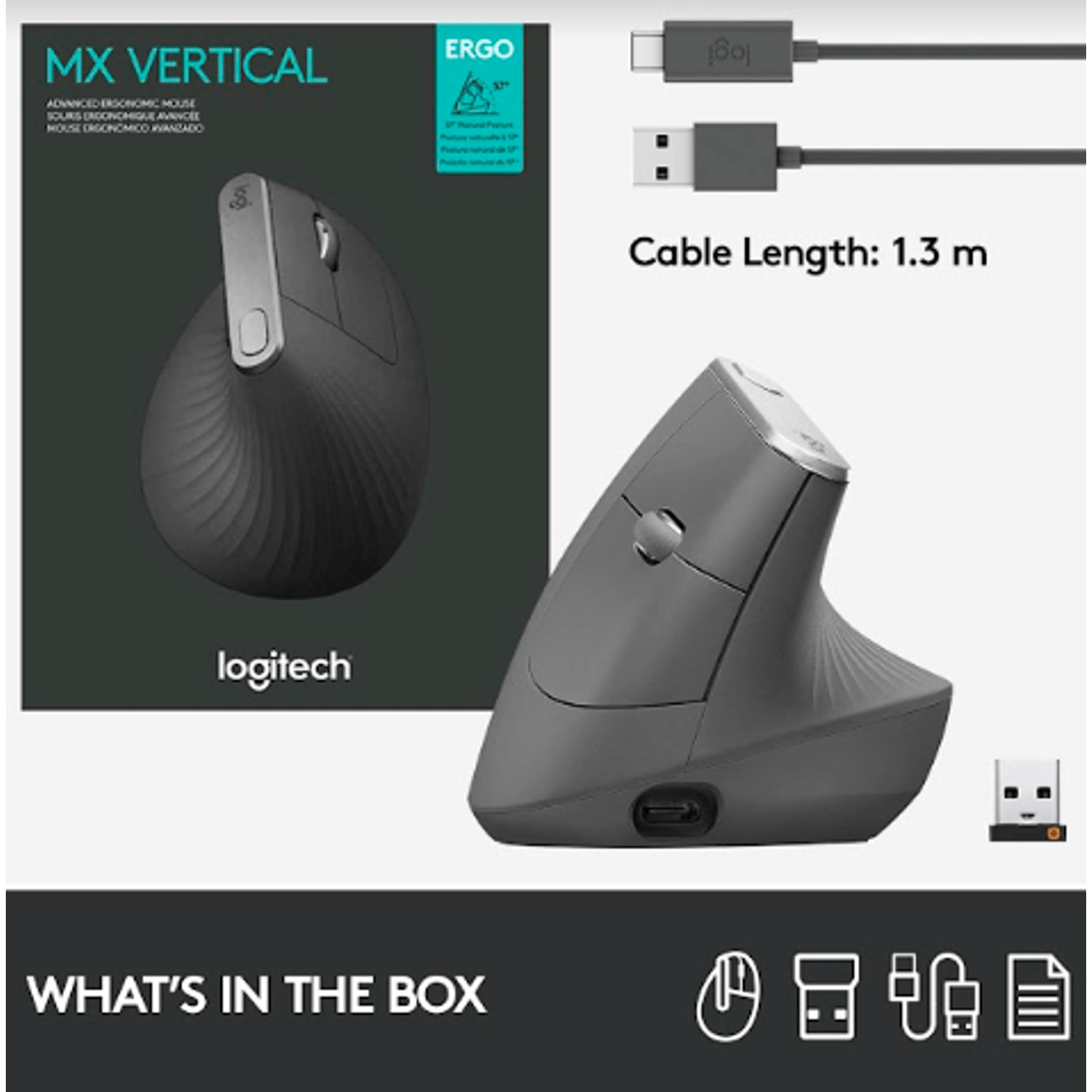 Mouse wireless ergonomic Logitech MX Vertical, Negru Mouse Wireless Logitech MX Vertical, 1600 DPI, USB, Ergonomic (Negru) fotografia produsului View 16 L