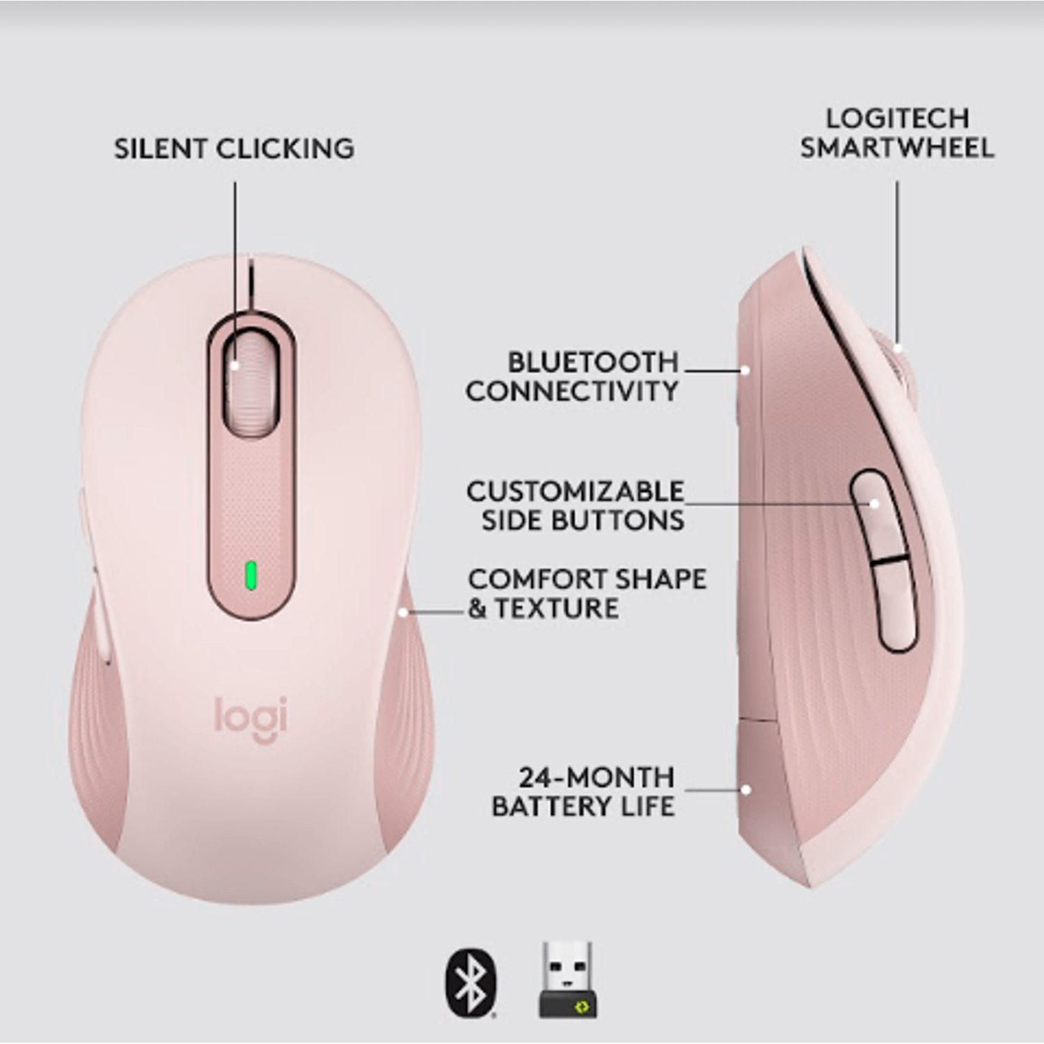 Mouse Wireless Logitech Signature M650, Bluetooth/USB (Roz) fotografia produsului View 10 L