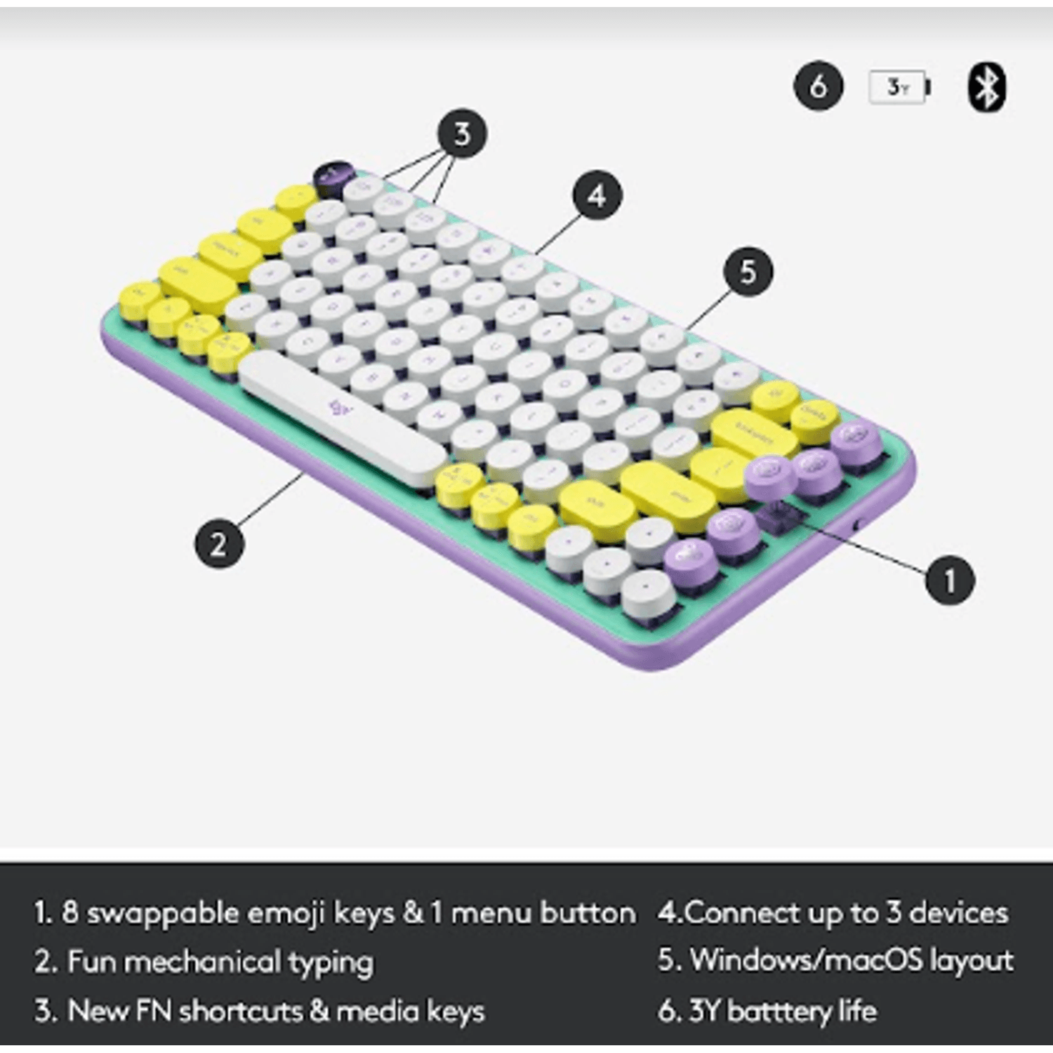 Tastatura Wireless Mecanica  Logitech POP Keys, Bluetooth (Mov/Verde) fotografia produsului View 12 L
