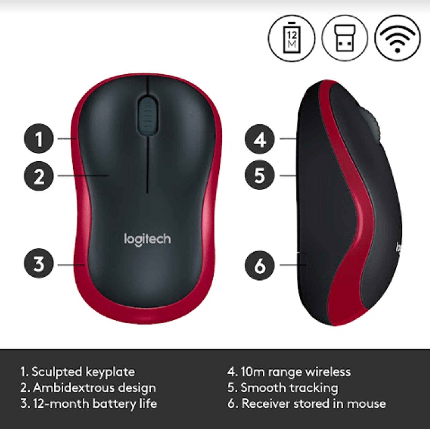 Mouse Optic Wireless Logitech M185, USB, 1000 DPI (Rosu) fotografia produsului View 8 L