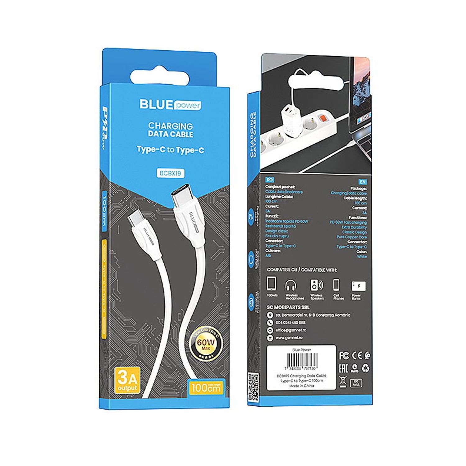 Cablu de date BLUE Power B1BX19, USB Type-C - USB Type-C, 1m, 3 A (Alb) fotografia produsului View 4 L