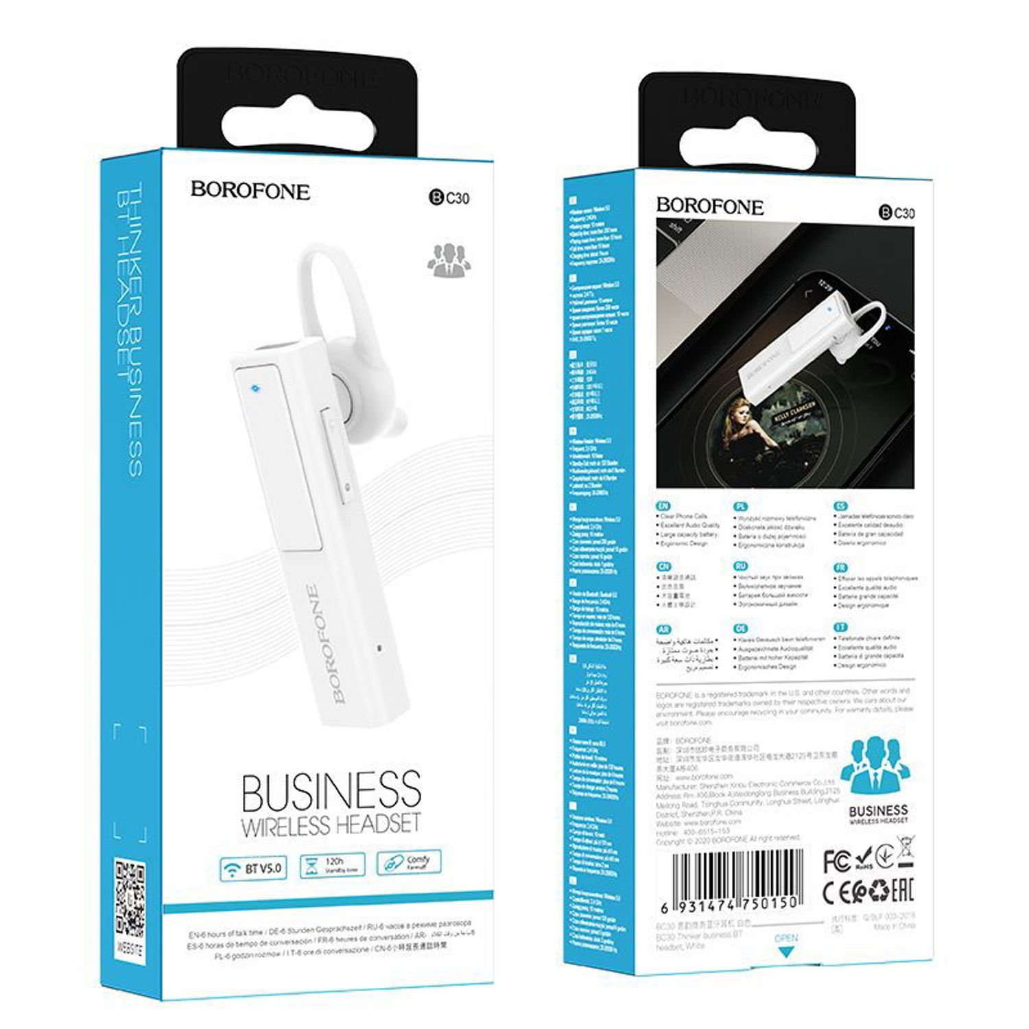 Casca Bluetooth Borofone, BC30 Thinker business, Alb Casca  Wireless Borofone BC30 Thinker, Bluetooth, Single Point, Microfon (Alb) fotografia produsului View 3 L