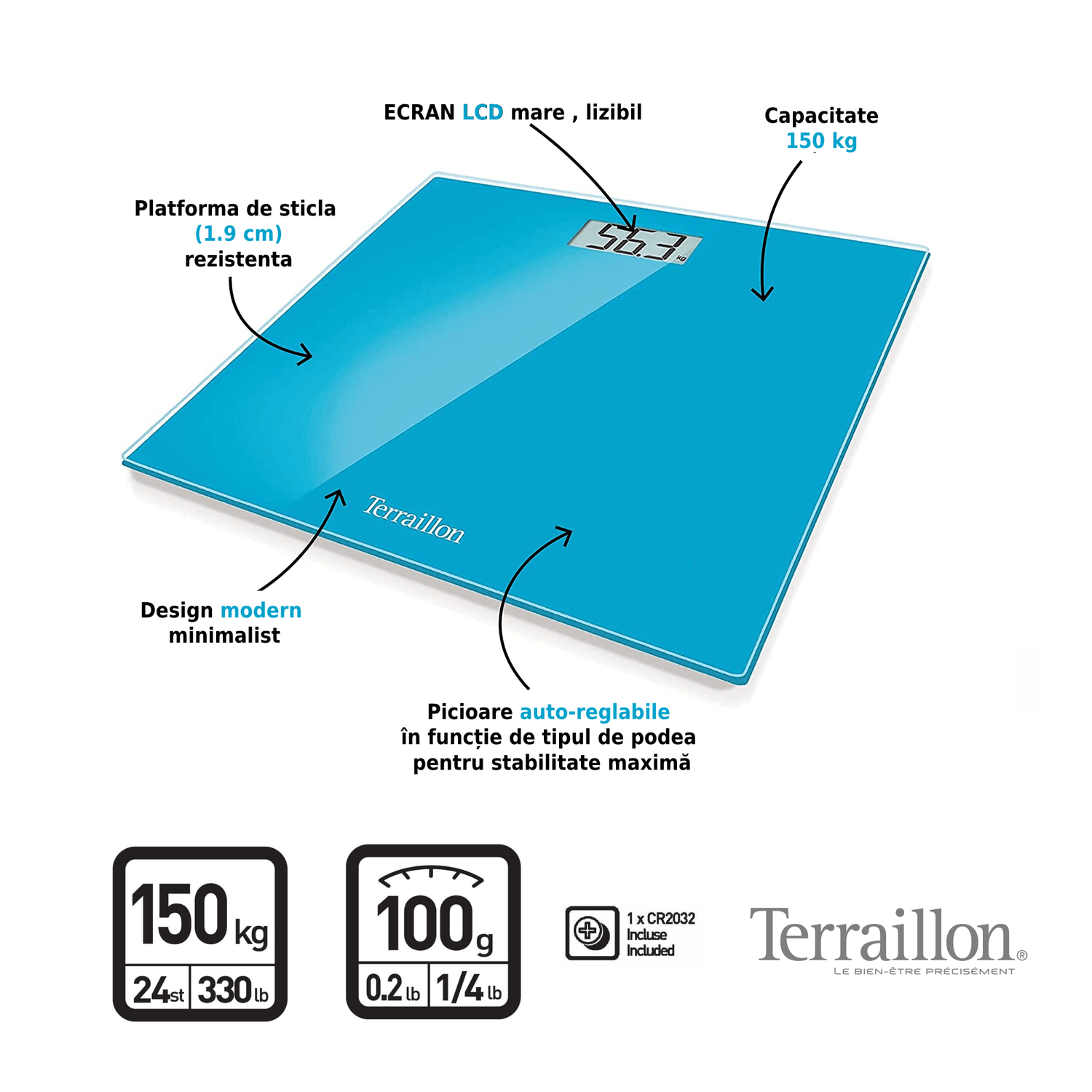 Cantar corporal electronic, Terraillon One, platforma de sticla, Bleu fotografia produsului View 2 L