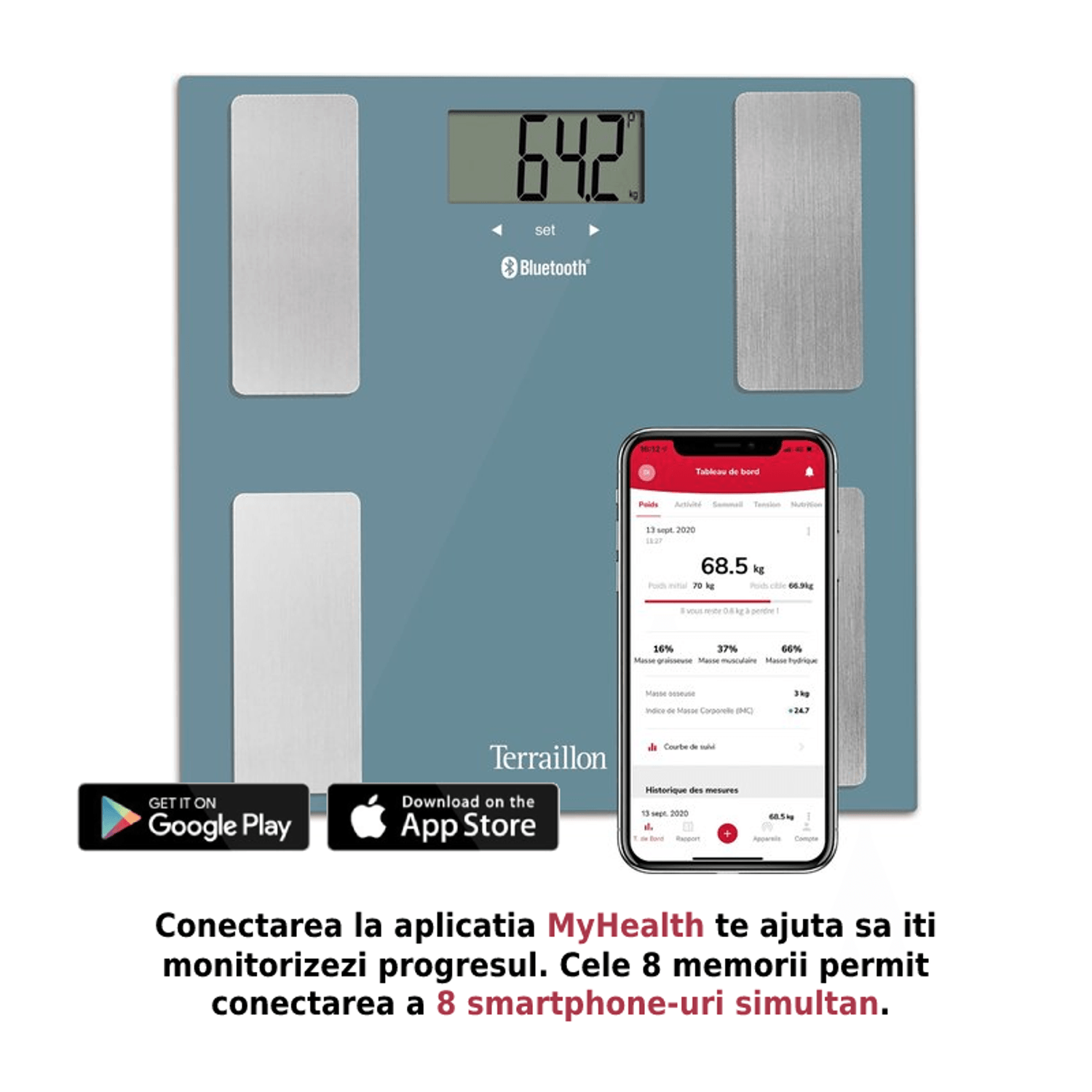 Cantar electronic, Terraillon Smart Connect, Bluetooth, platforma de sticla, 160 kg, Albastru fotografia produsului View 2 L