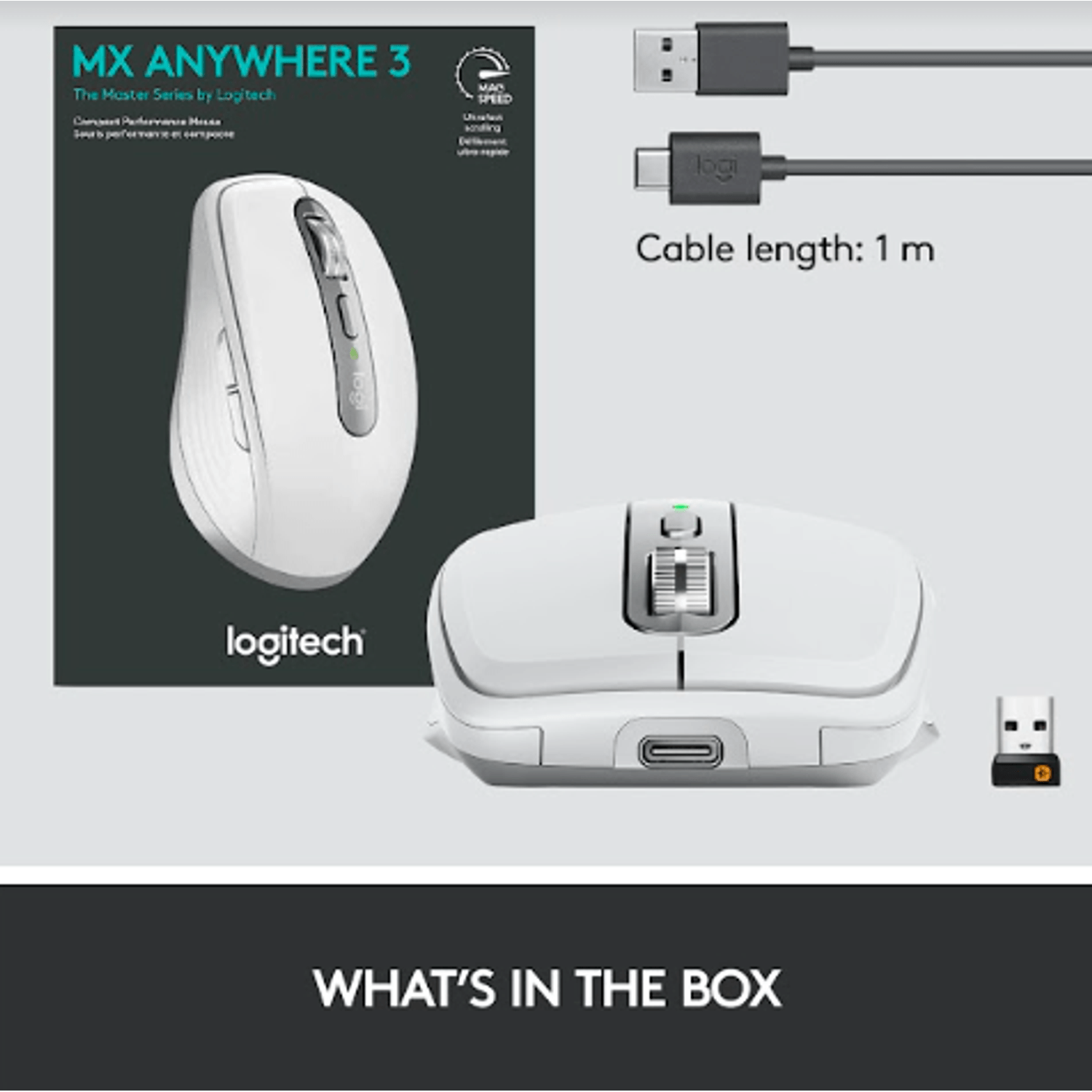 Mouse wireless Logitech MX Anywhere 3, 2.4GHz&Bluetooth, Scroll MagSpeed, Multidevice, USB-C, Gri Mouse Wireless Logitech MX Anywhere 3, USB/Bluetooth, Scroll MagSpeed, Multidevice (Gri) fotografia produsului View 16 L