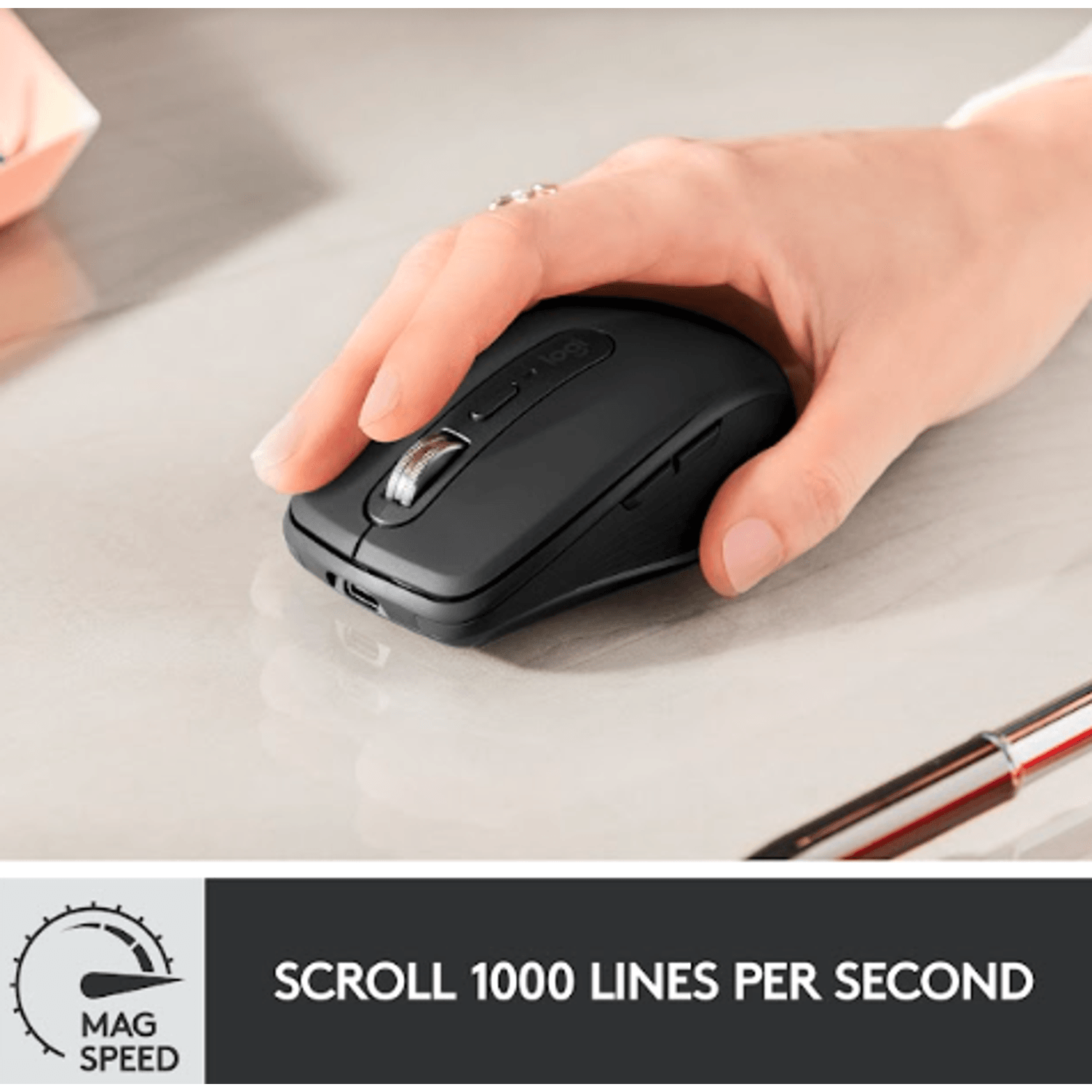 Mouse wireless Logitech MX Anywhere 3, 2.4GHz&Bluetooth, Scroll MagSpeed, Multidevice, USB-C, Negru Grafit Mouse Wireless Logitech MX Anywhere 3, USB/Bluetooth, Scroll MagSpeed, Multidevice (Negru) fotografia produsului View 12 L