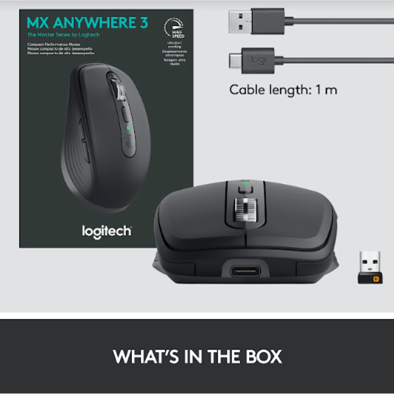 Mouse wireless Logitech MX Anywhere 3, 2.4GHz&Bluetooth, Scroll MagSpeed, Multidevice, USB-C, Negru Grafit Mouse Wireless Logitech MX Anywhere 3, USB/Bluetooth, Scroll MagSpeed, Multidevice (Negru) fotografia produsului View 18 L