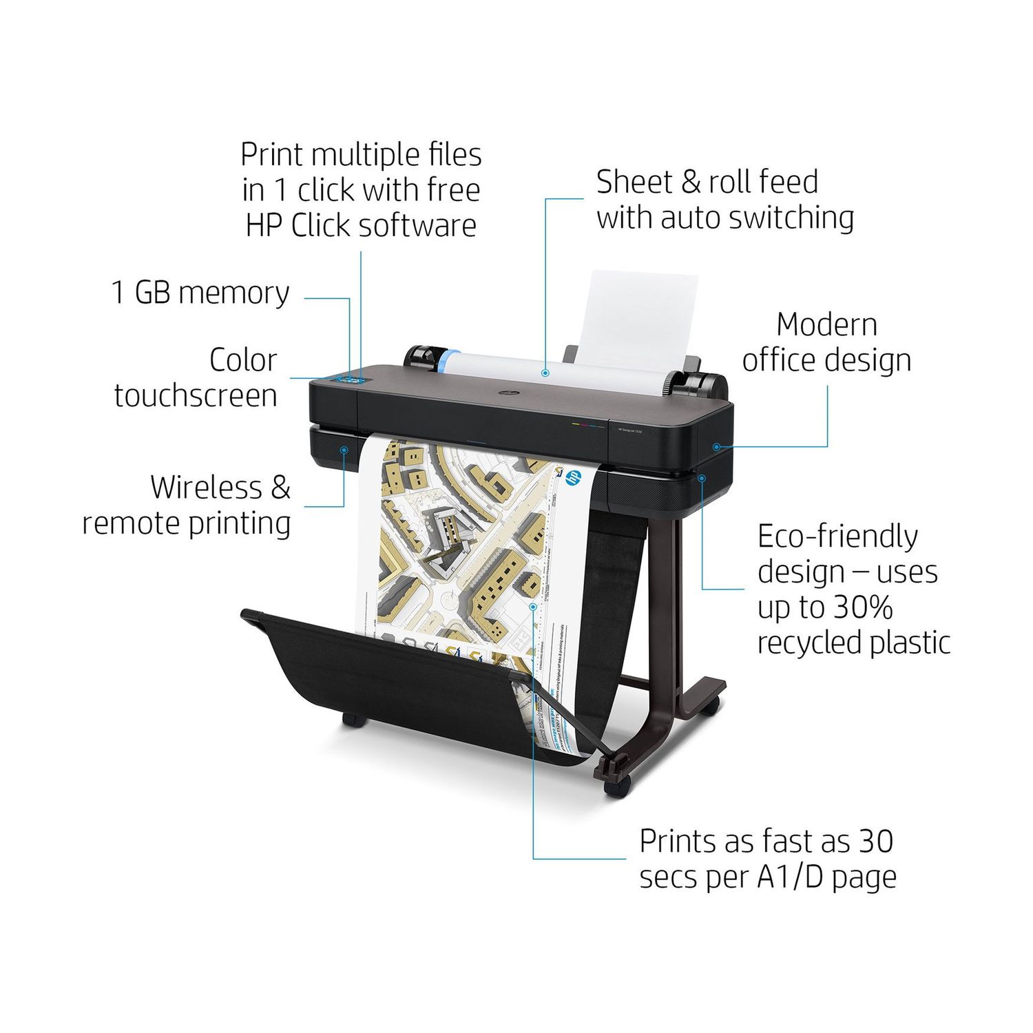 Plotter HP DesignJet T630 24', Wireless, Retea, A1 Plotter HP DesignJet T630 24", Retea, Wi-Fi, USB, A1, ADF (Negru) fotografia produsului View 2 L