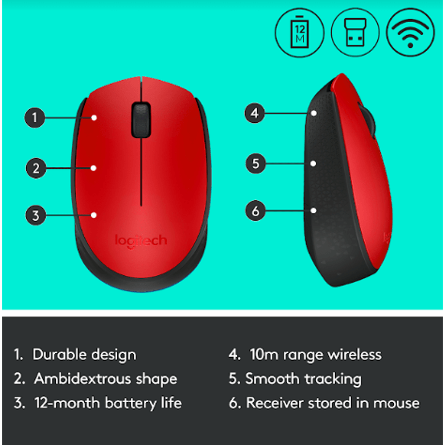 Mouse Logitech M171, Wireless, Rosu Mouse Wireless Logitech M171, USB, 1000 DPI (Rosu) fotografia produsului View 7 L