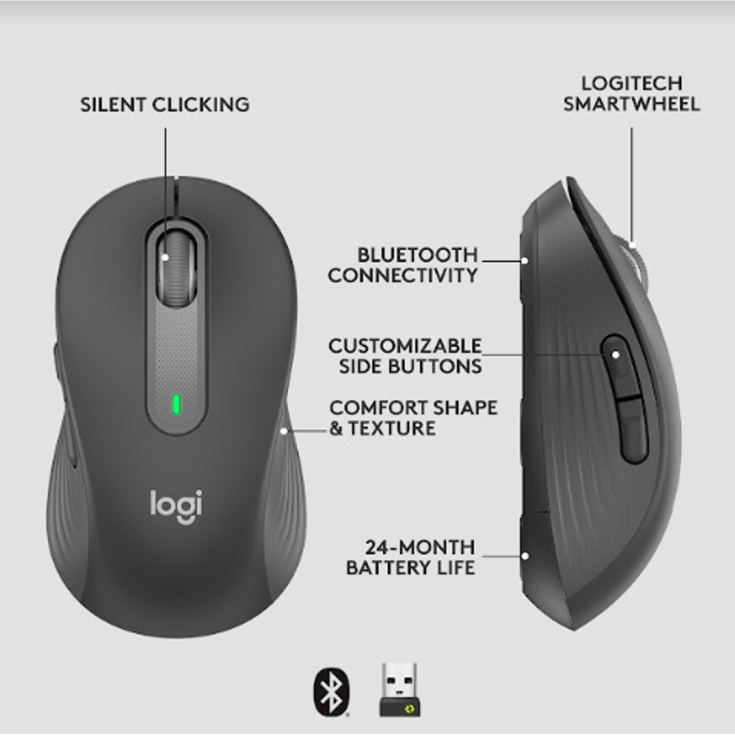 Mouse Logitech M650 Silent, Bluetooth, Wireless, Bolt USB receiver, Graphite Mouse Wireless Logitech Signature M650, Bluetooth/USB (Gri) fotografia produsului View 8 L