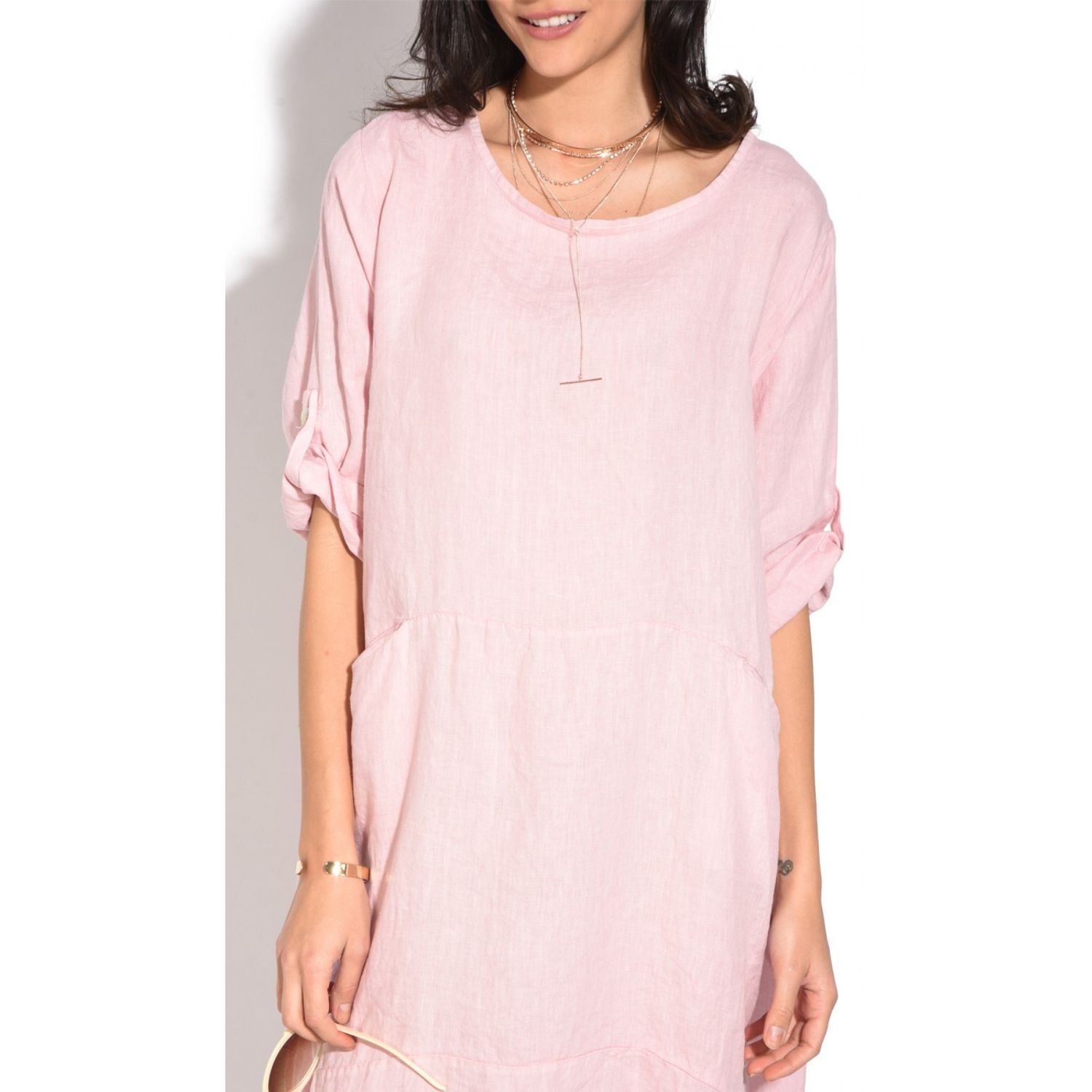 Rochie de zi midi din in Le Jardin du Lin E18-39 Roz fotografia produsului View 3 L